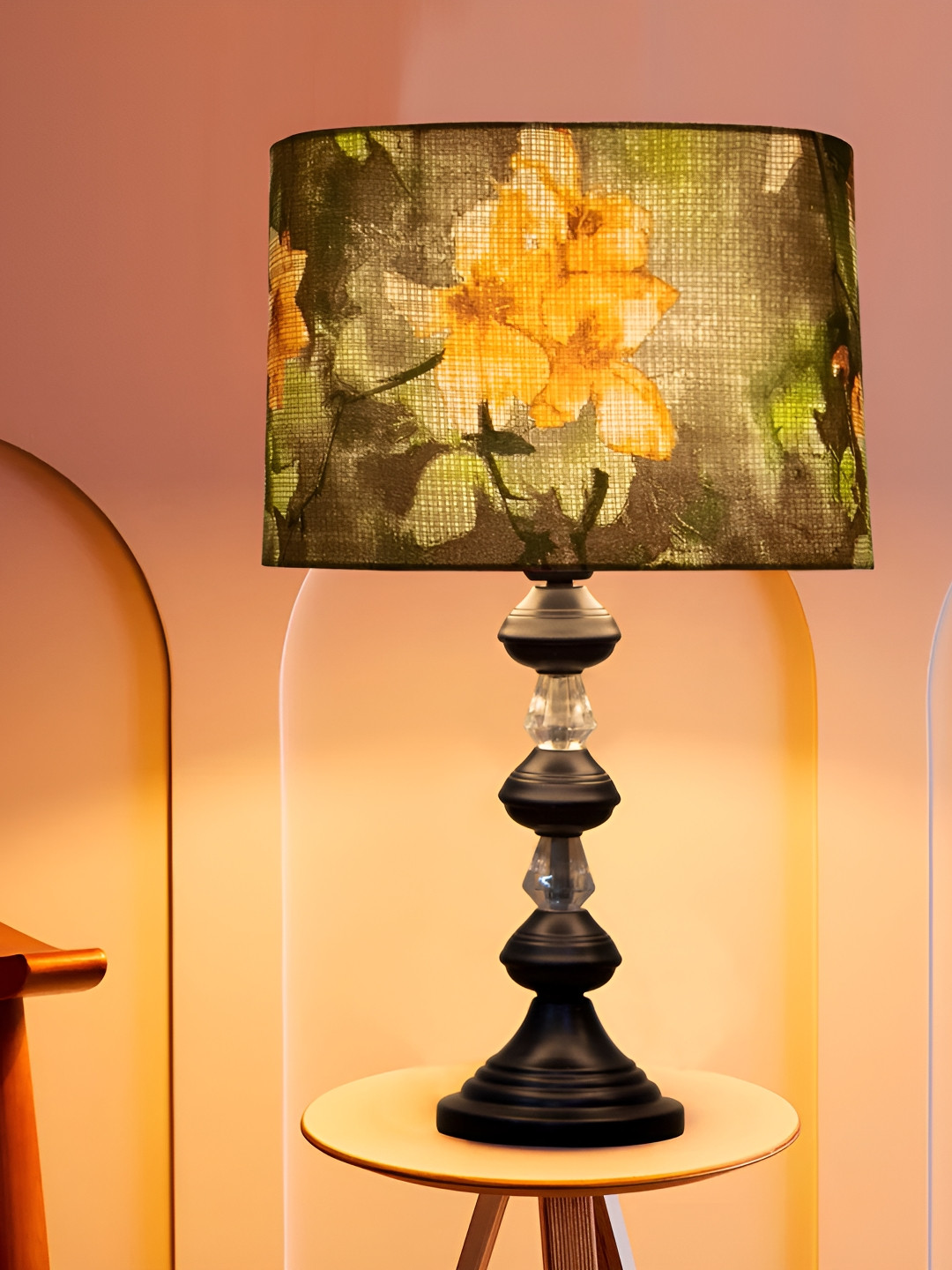 Decorcity Olive Green Printed Cylindrical Shaped Table Lamp with Bulb