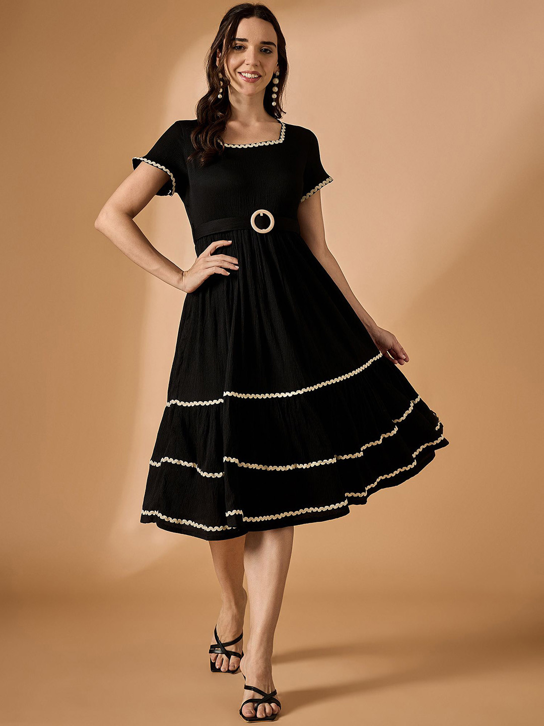 Azira Square Neck Belted Fit & Flare Tiered Dress