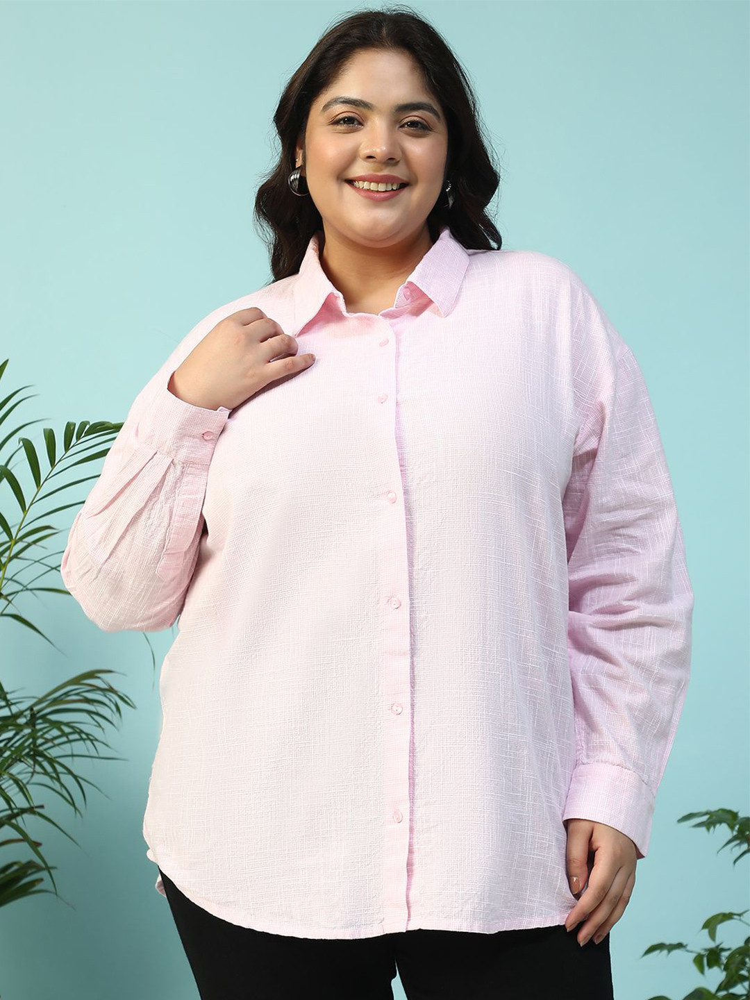 Oxolloxo Curve Plus Size Yarn-Dyed Collared Long Sleeve Button Down Shirt
