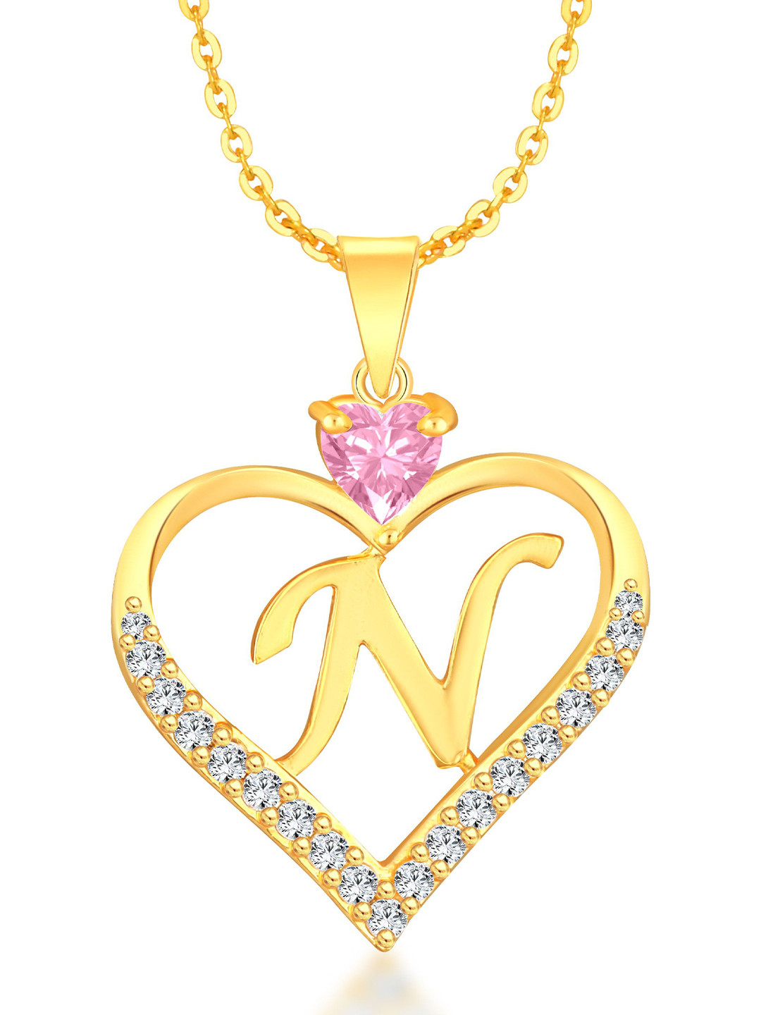 Heer Collection Heart Shaped N-Alphabet Pendants with Chains