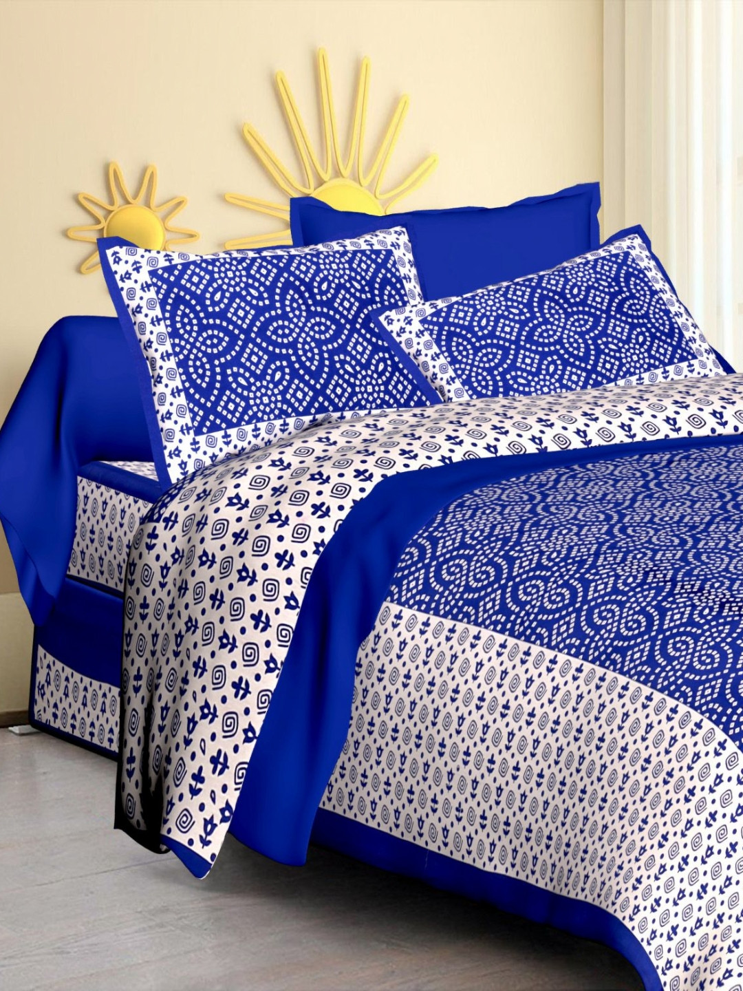 Rudra Bazaar White Ethnic Motifs Cotton Breathable 210 TC Queen Fine Bedsheet with 2 Pillow Covers-275 x 230 cm