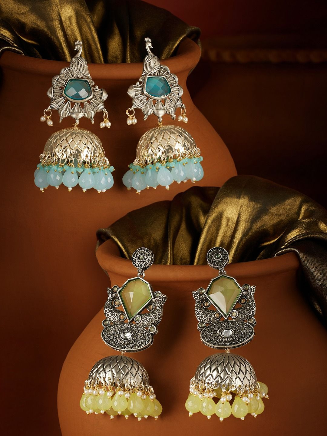 Zaveri Pearls Set Of 2 Silver-Plated Stones Studded & Beaded Antique Dome Shaped Jhumkas