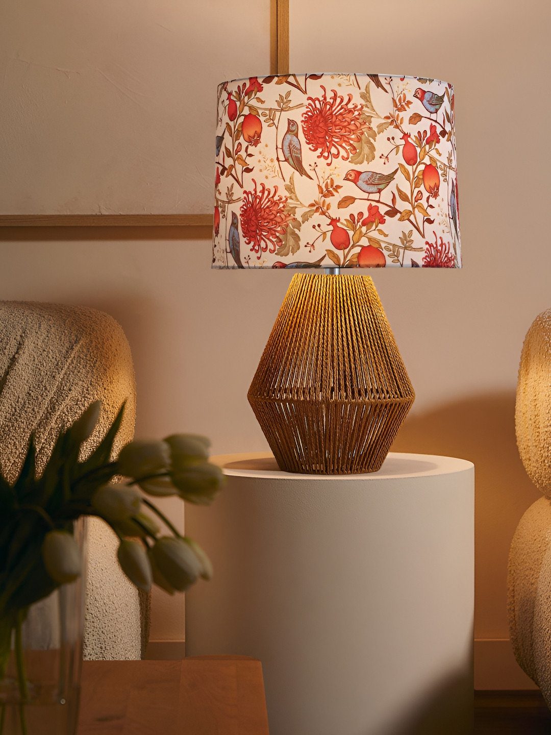 Decorcity Red And White Printed Metal Cylindrical Shaped Table Lamp with Bulb