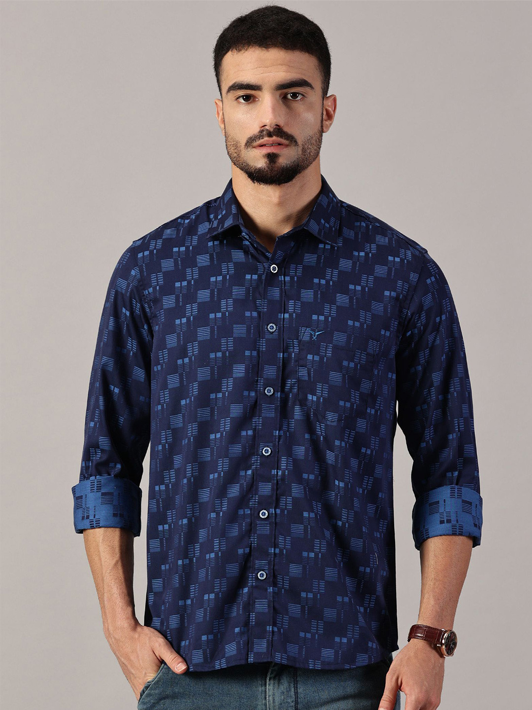 LEON Geometric Printed Spread Collar Long Sleeves Cotton Casual Shirt