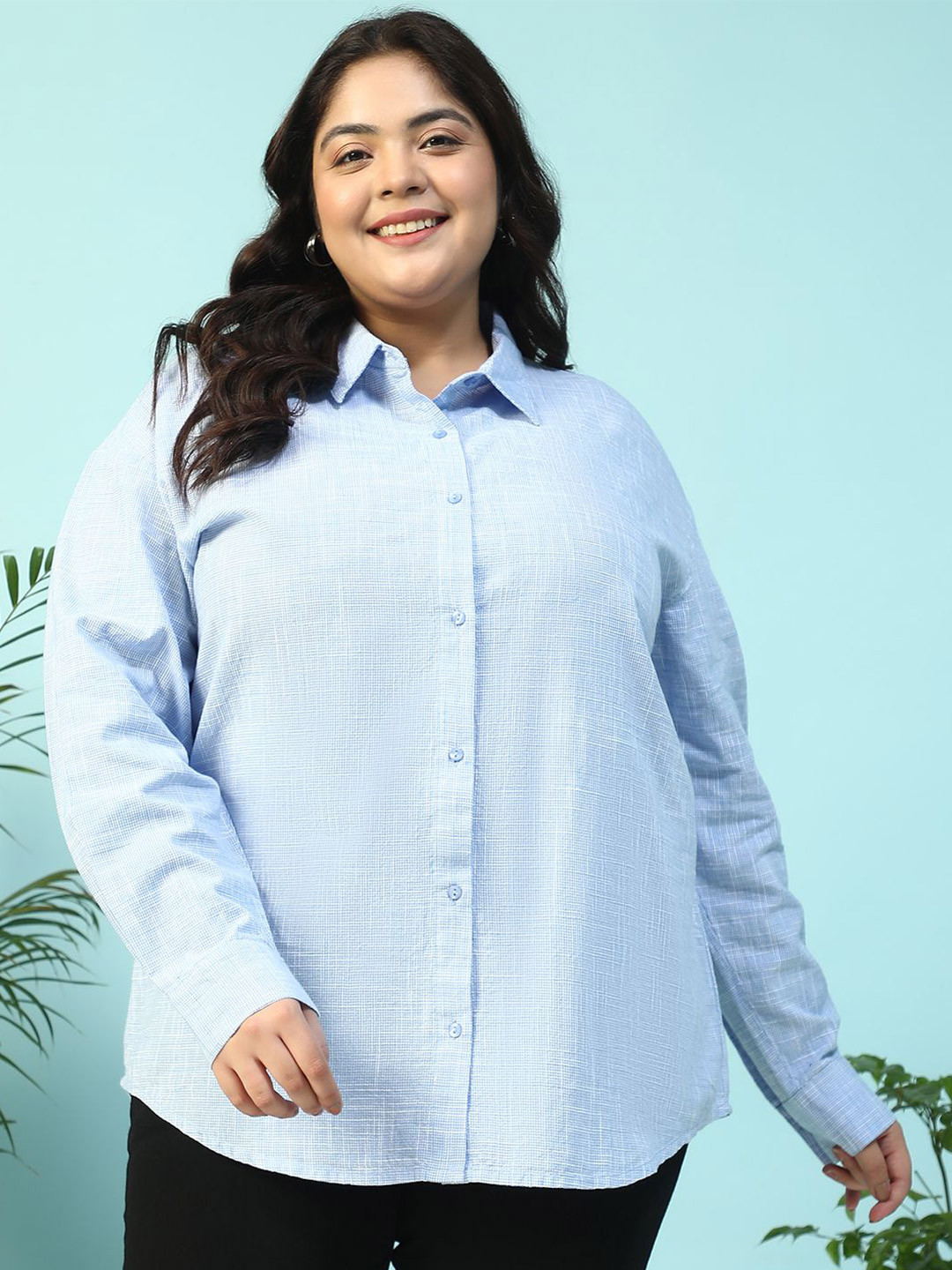 Oxolloxo Plus Size Yarn-Dyed Collared Long Sleeve Button Down Cotton Shirt