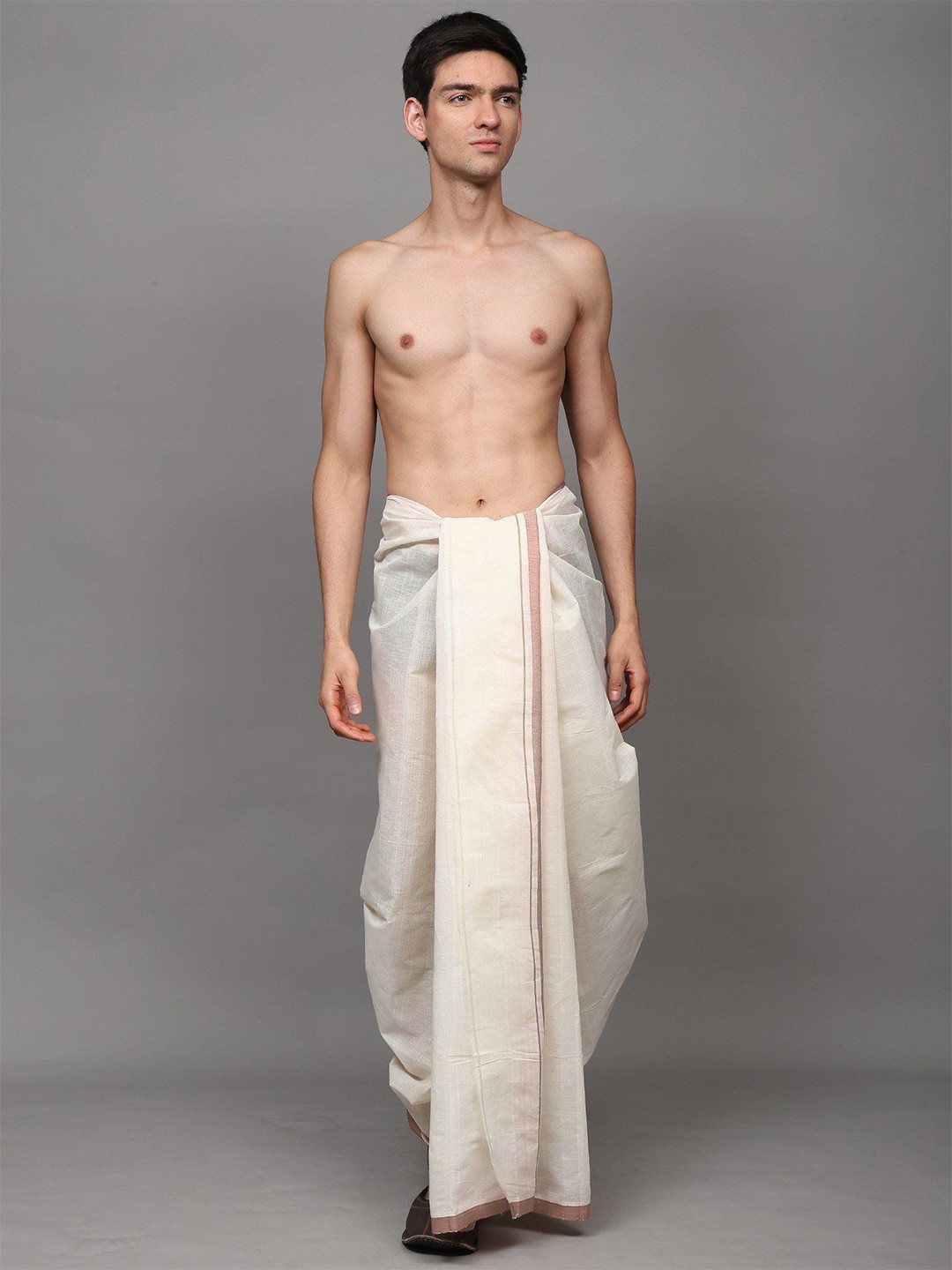 Exotic India Men Antique White Cotton Dhoti with Woven Stripes Border