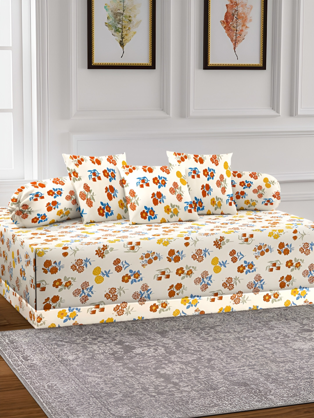 Aura Set Of 6 Cream & Blue Printed Floral TC Cotton Diwan Set