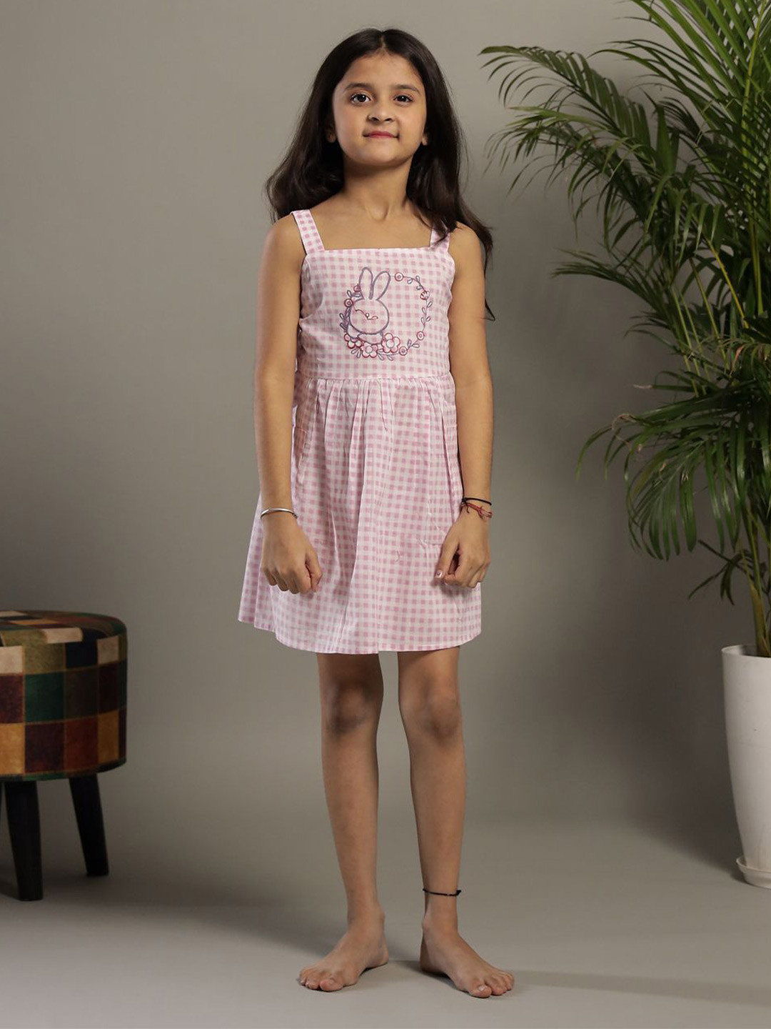 SANSKRUTIHOMES Girls Checked Square Neck Above Knee Length Dress