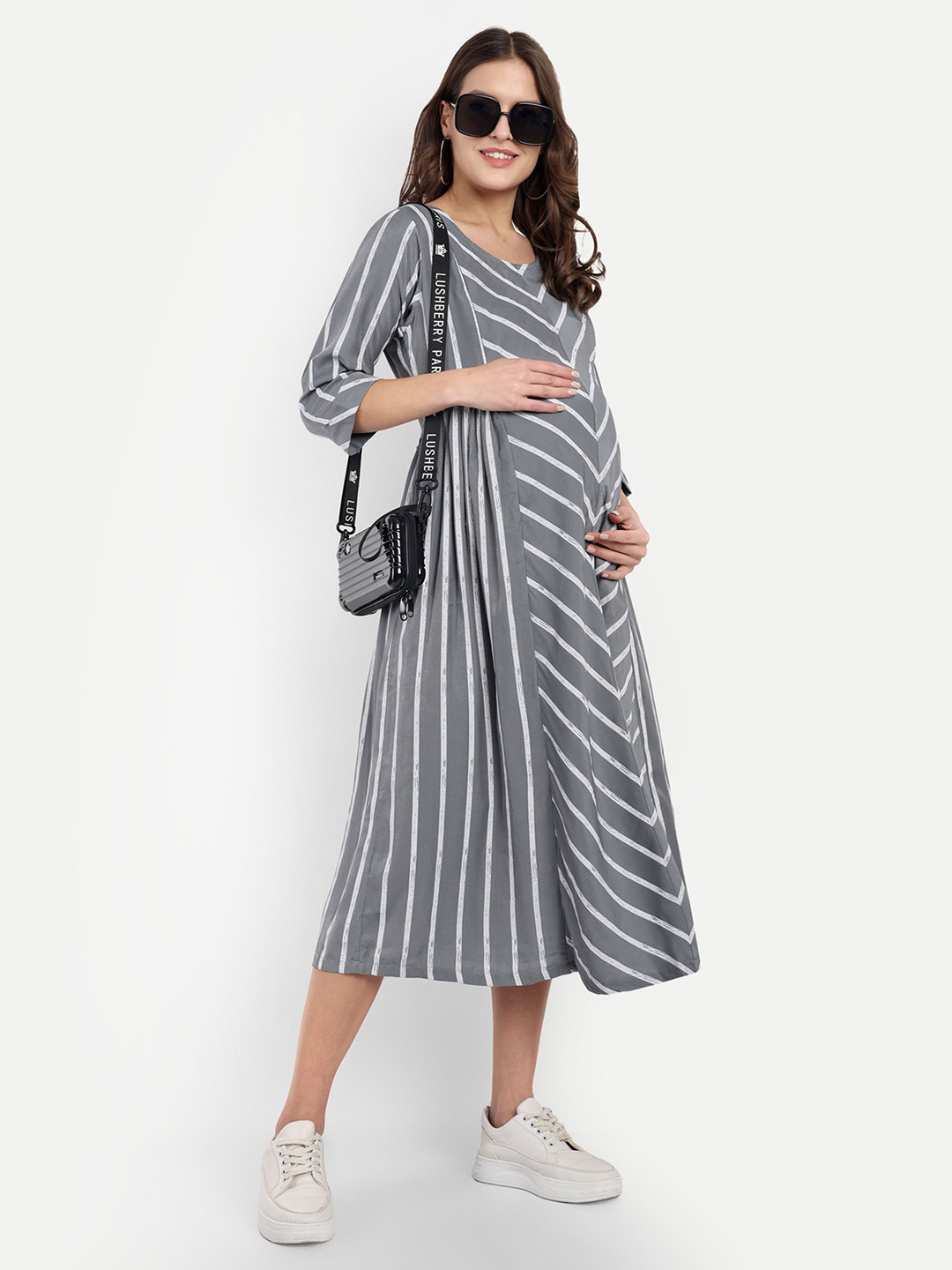 Mammas Maternity Striped Maternity A-Line Midi Dress