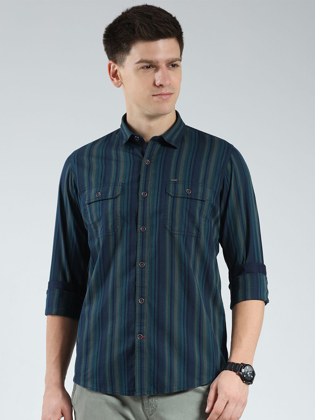 Monte Carlo Men Vertical Striped Spread Collar Cotton Casual Shirt