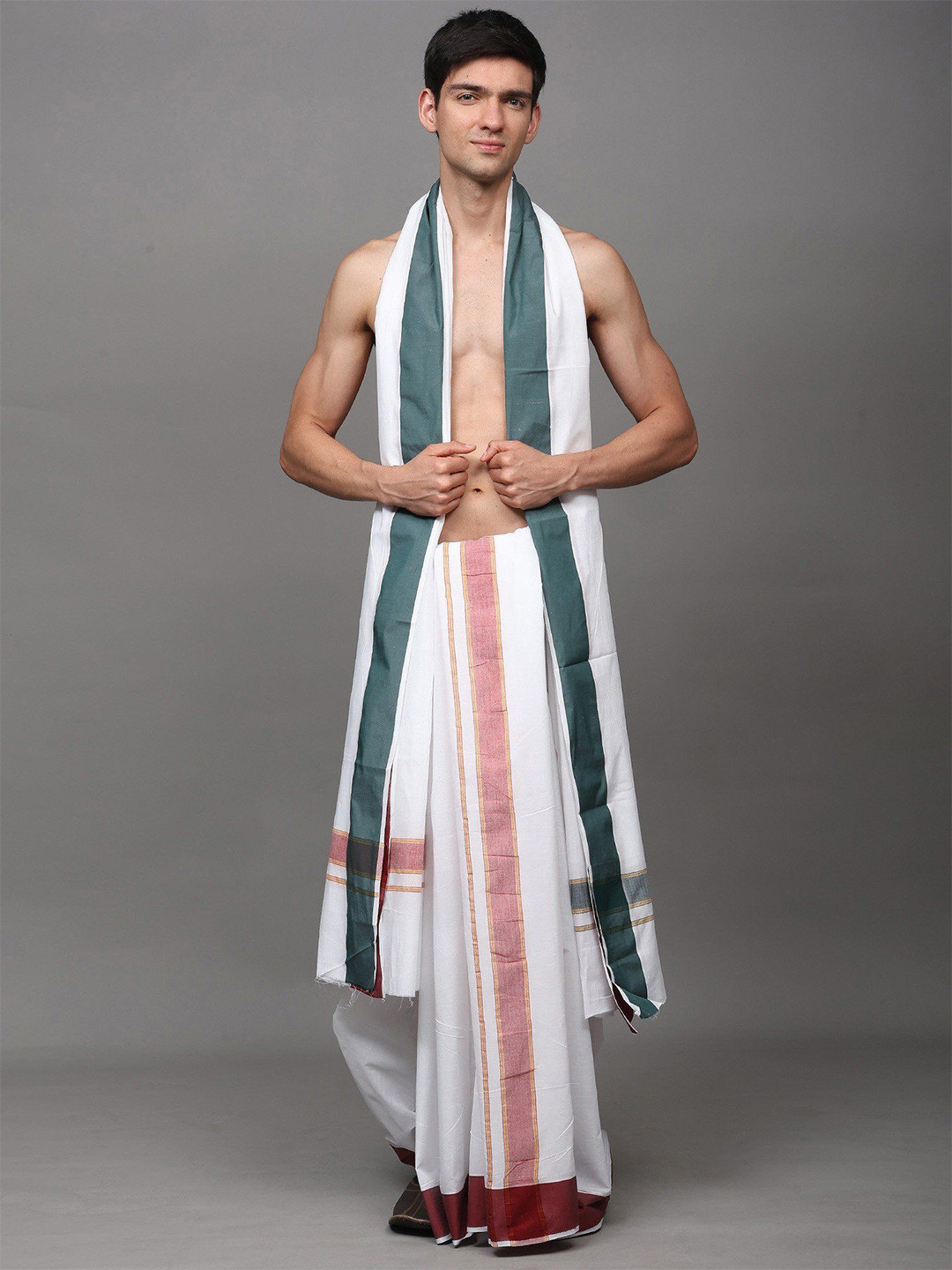 Exotic India Men Lucent-White Cotton Dual-Color Stripe Border Dhoti with Angavastram Set