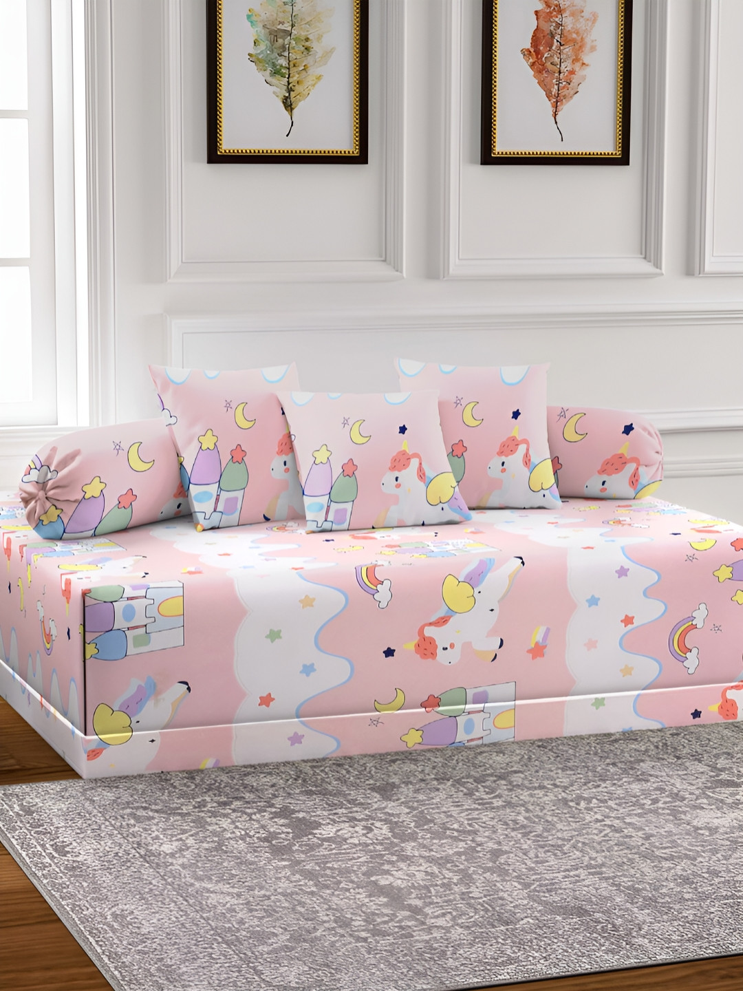 Aura Set Of 6 Brown & Blue Printed Cartoon TC Cotton Diwan Set