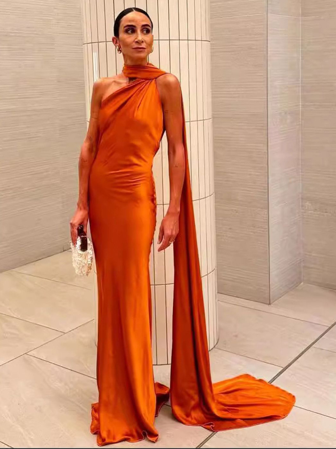 bebe Orange One-Shoulder Scarf Neck Maxi Dress
