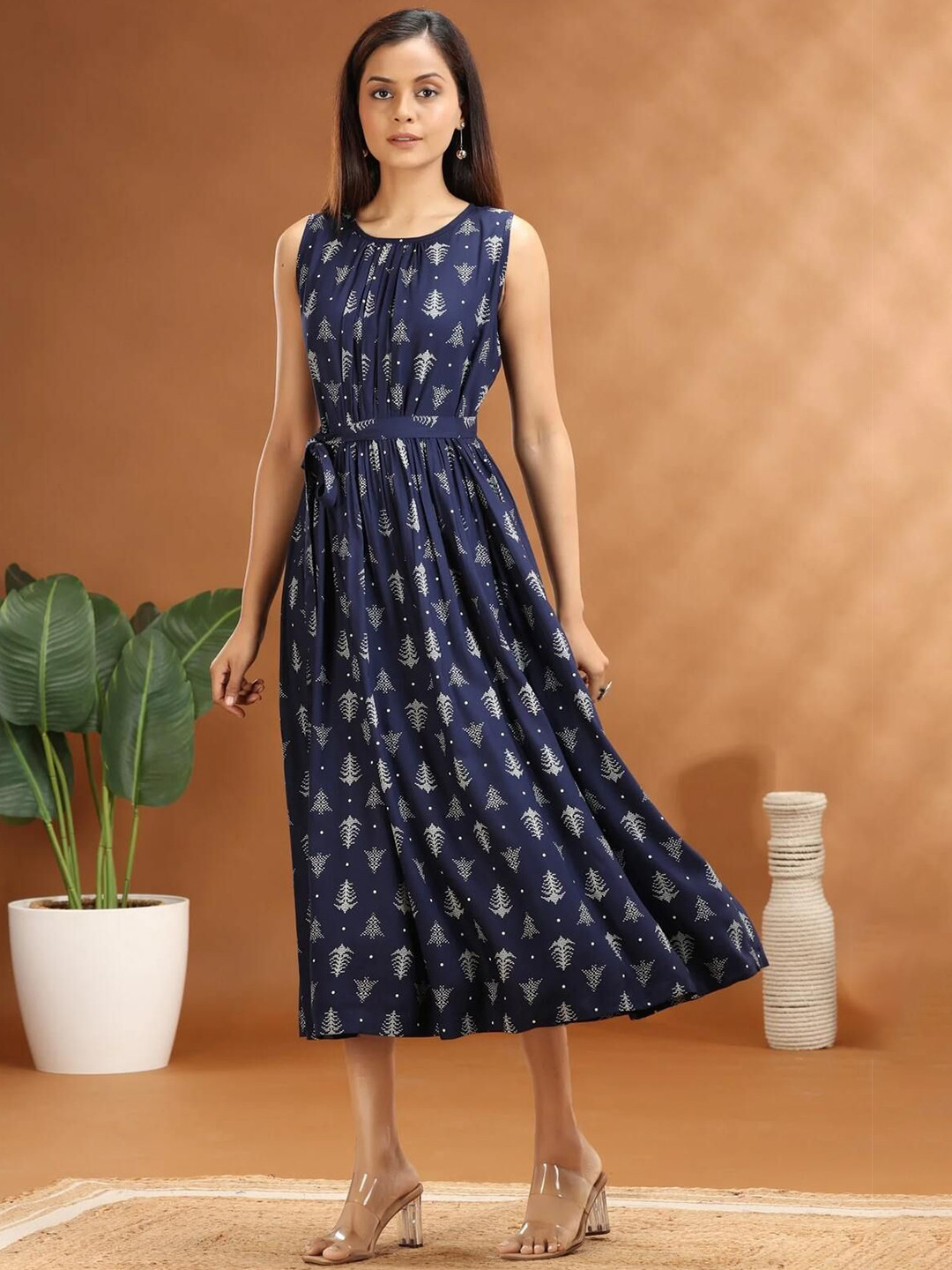COTTON CULTURE Floral Printed Cotton A-Line Dress With Belt