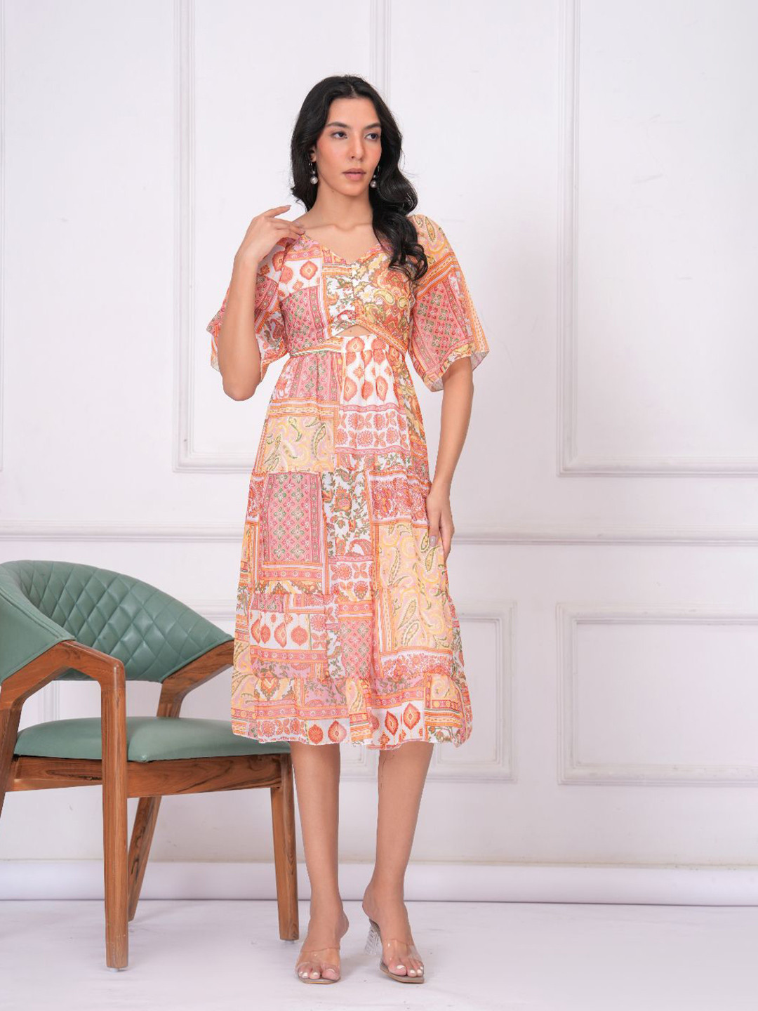 BAESD Women Floral Printed Georgette Cut Out Fit & Flare Midi Dress