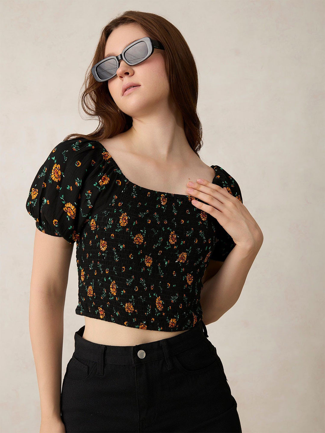 Outzidr Fitted Top with Smocking Detail