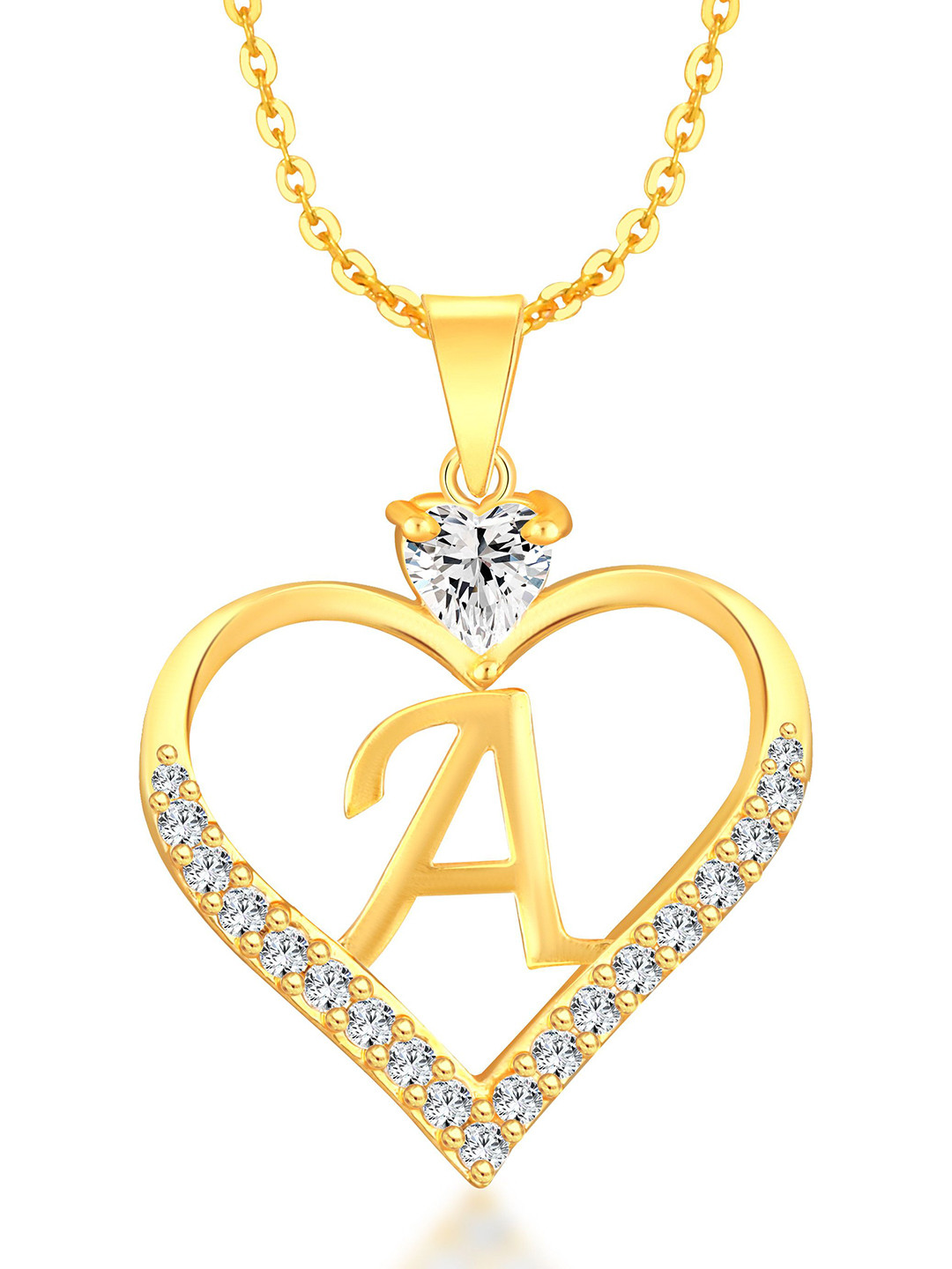 Heer Collection Cubic Zircon Studded Heart Shape Alphabet 'A' Pendant With Chain