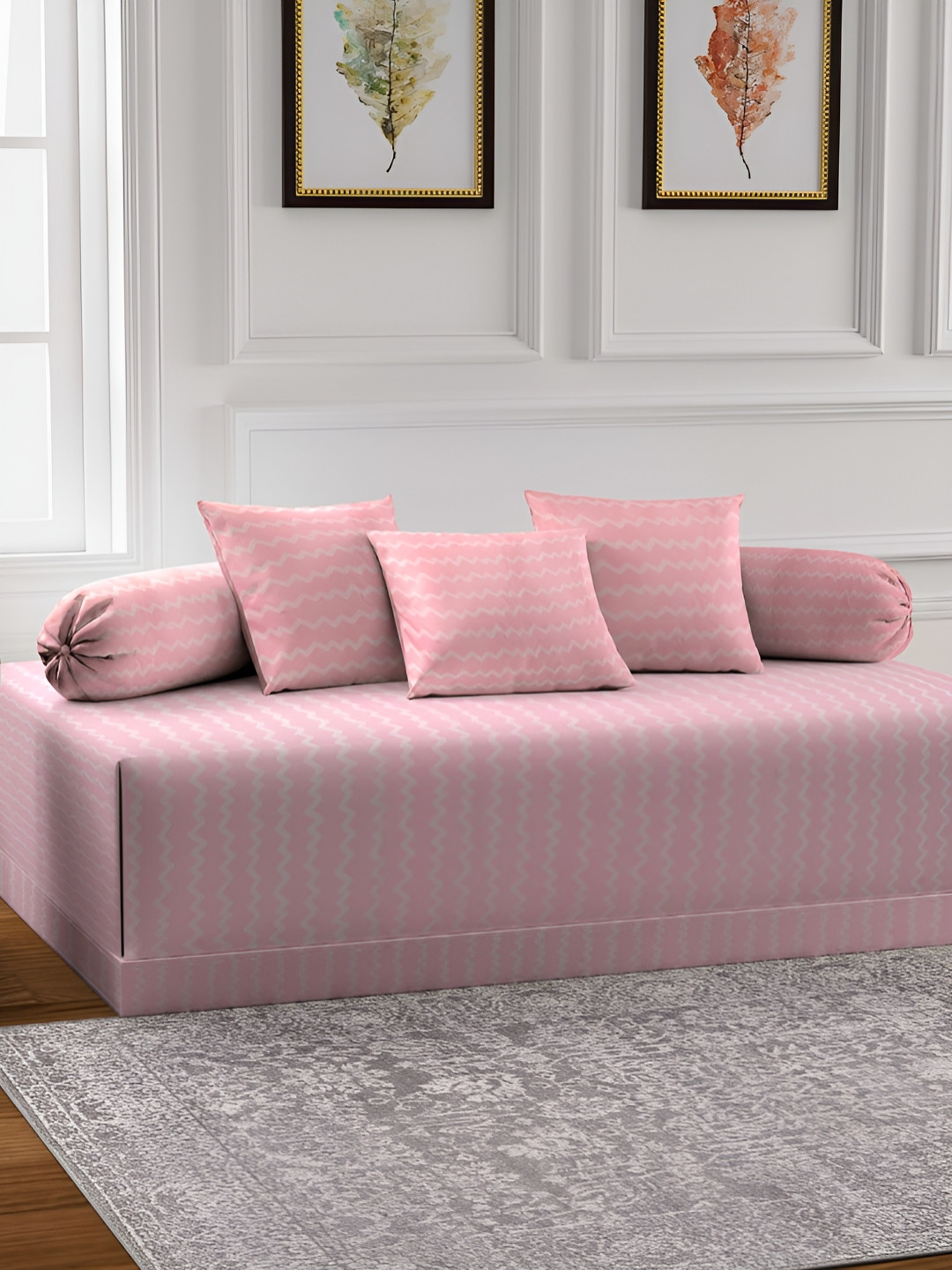 Aura Set Of 6 Pink & White Printed Stripes TC Cotton Diwan Set