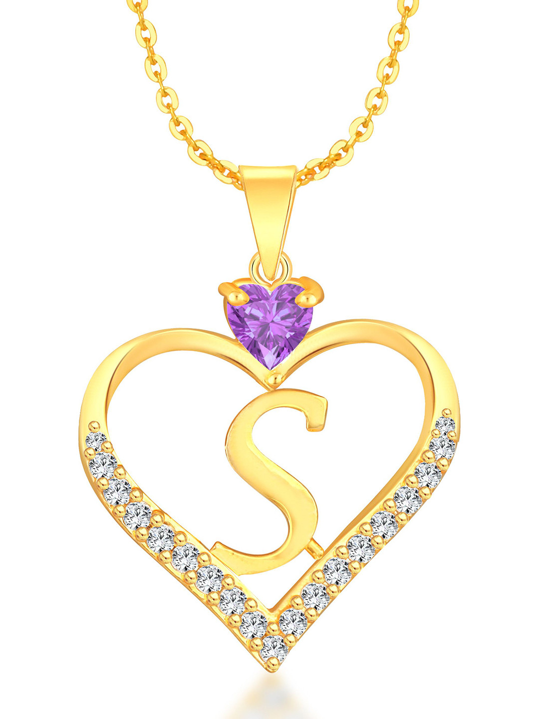 Heer Collection Cubic Zircon Studded Heart Shape Alphabet 'S' Pendant With Chain