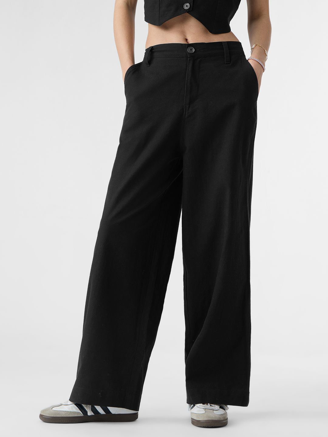 The Souled Store Women Black Cotton Linen Pants