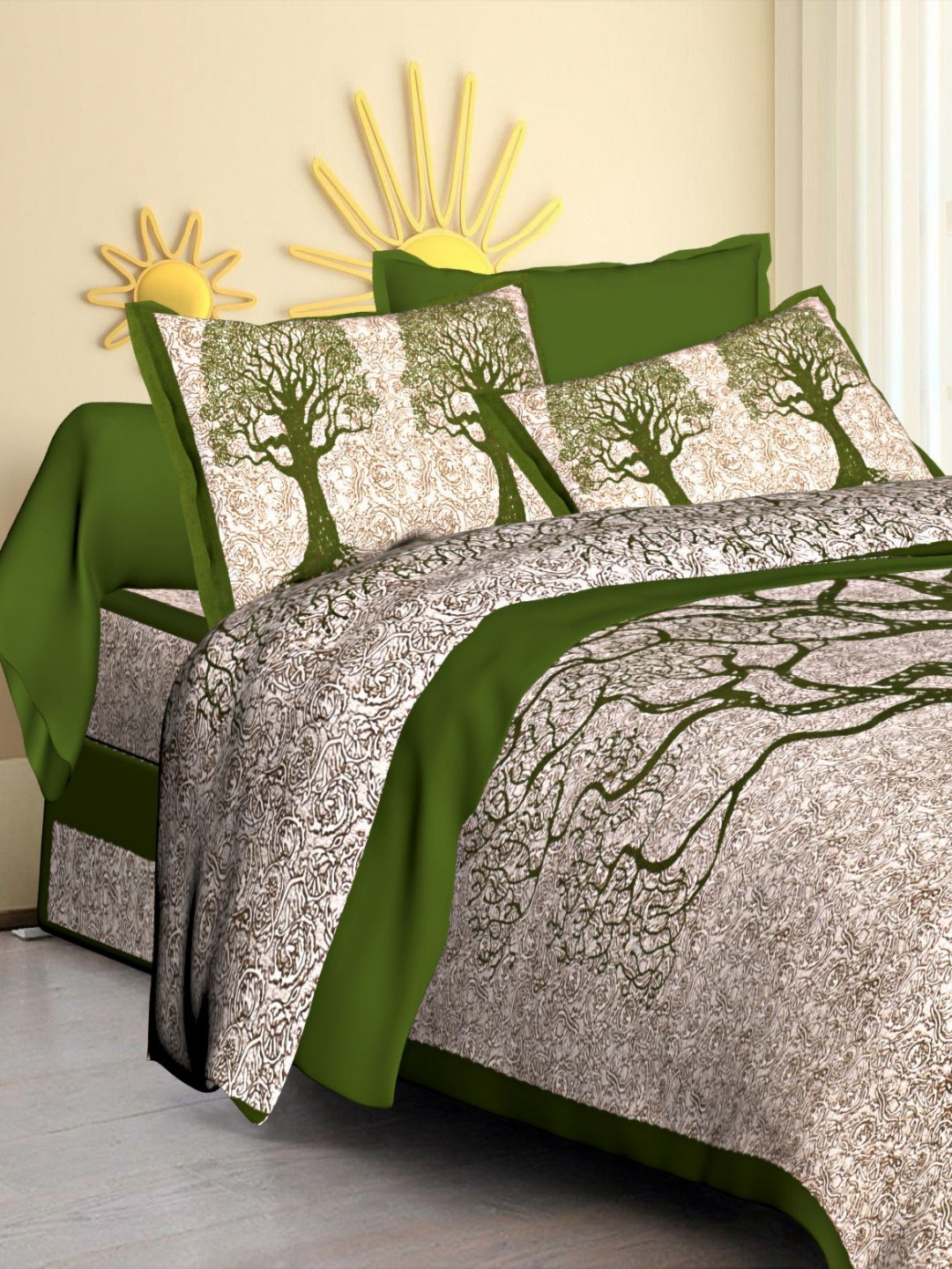 Rudra Bazaar Beige Floral Cotton Breathable 210 TC Queen Fine Bedsheet with 2 Pillow Covers-108 x 91 inches