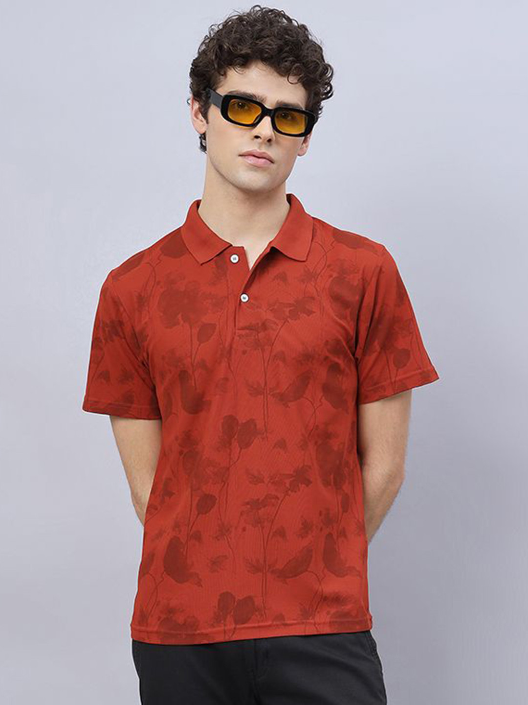 RELANE Men Floral Printed Polo Collar Cotton T-shirt