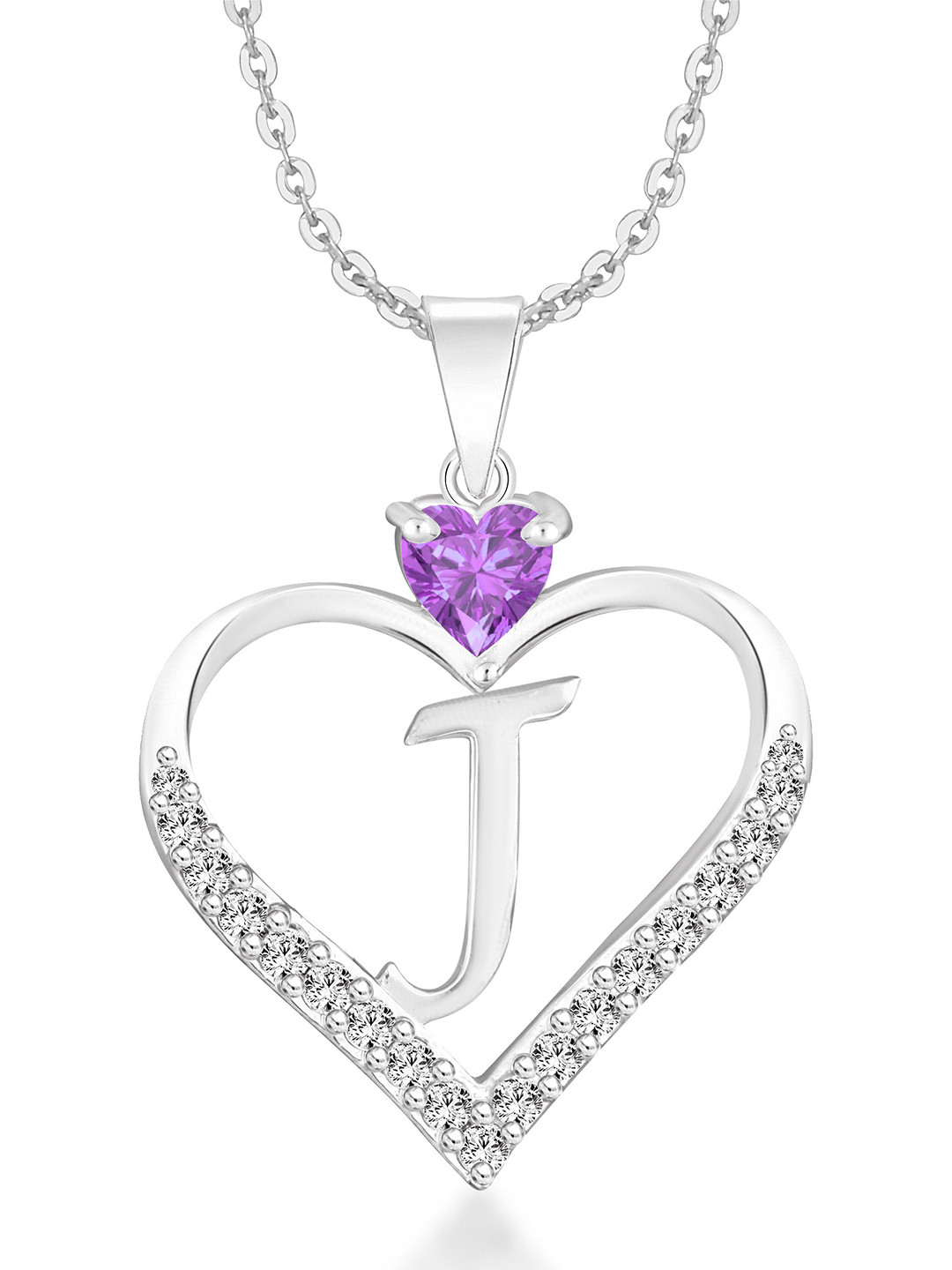 Heer Collection Cubic Zircon Studded Heart Shape Alphabet 'J' Pendant With Chain
