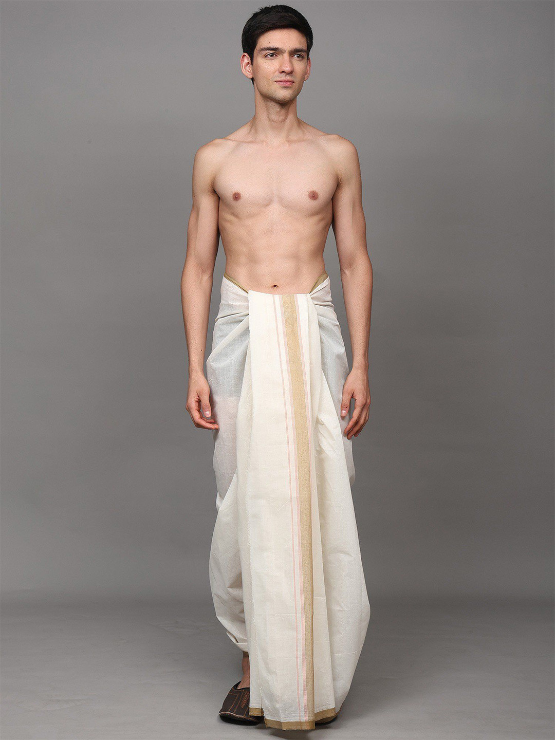 Exotic India Men Off-White Cotton Dhoti with Woven Pinstripe Border