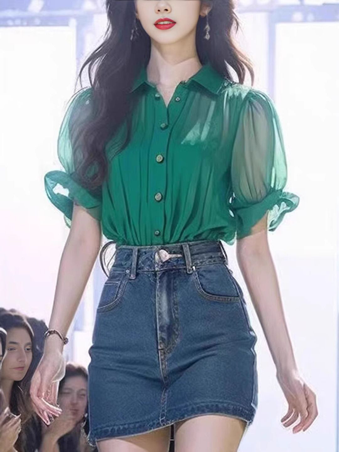 bebe Green Sheer Collared Ruffle Puff Sleeves Button-Up Shirt