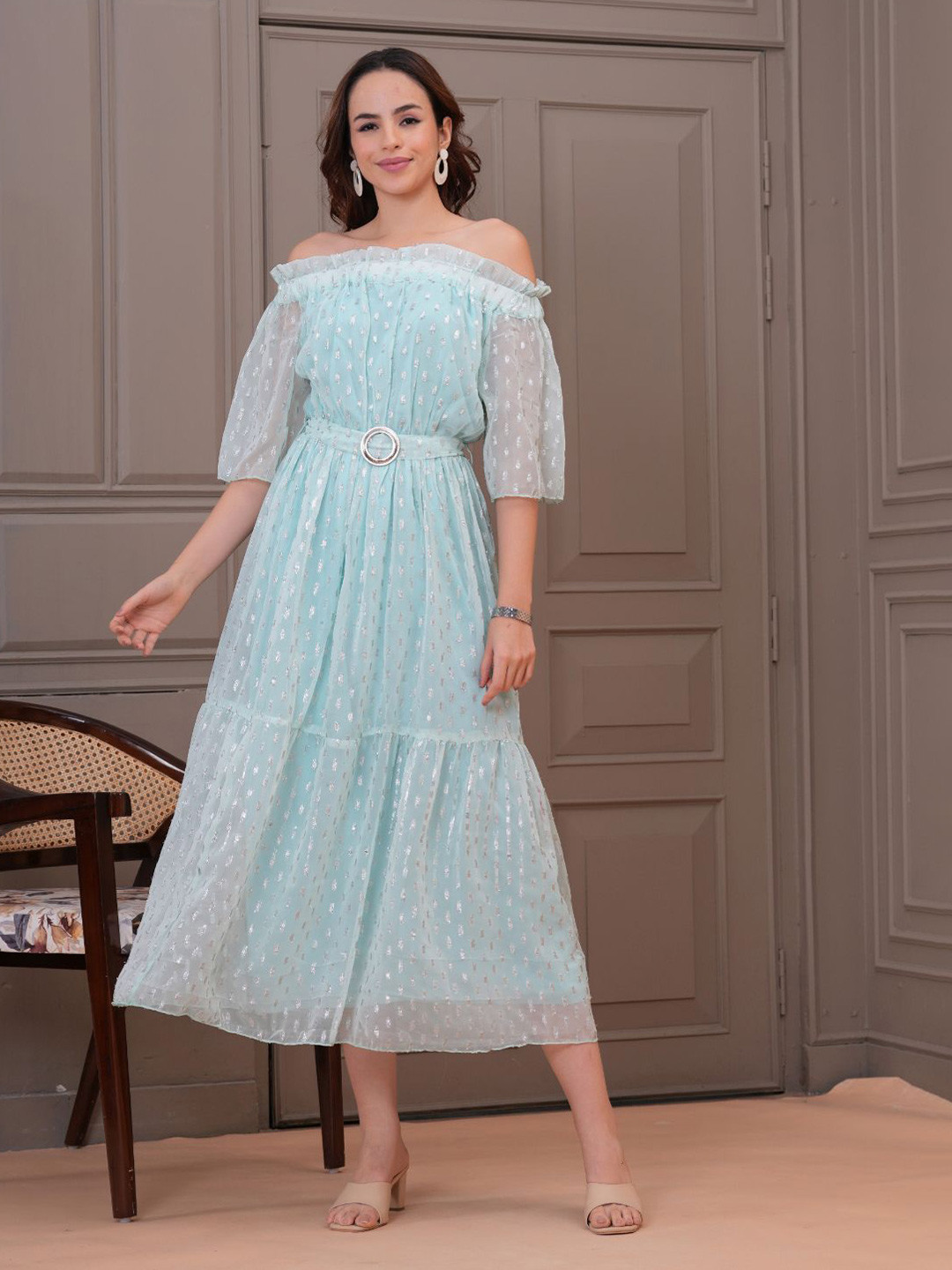 BAESD Women Self Design Off-Shoulder Georgette Fit & Flare Midi Dress