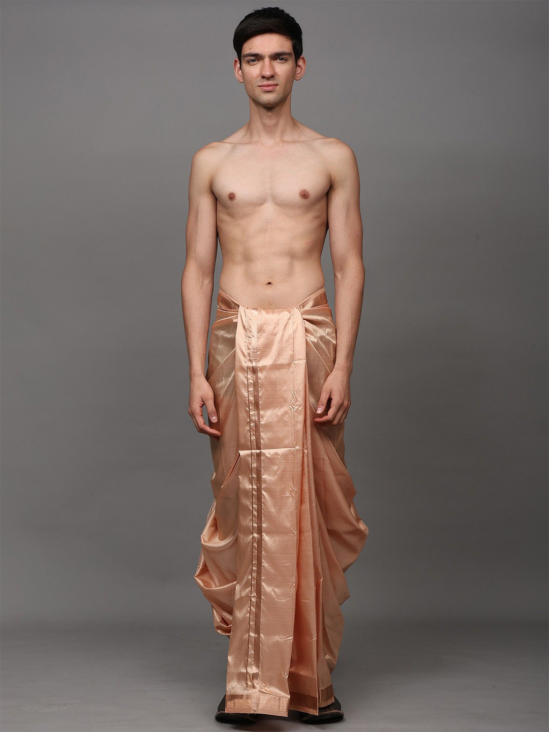 Exotic India Men Pure Silk Handloom Drape Dhoti with Copper Colored Thread work Border