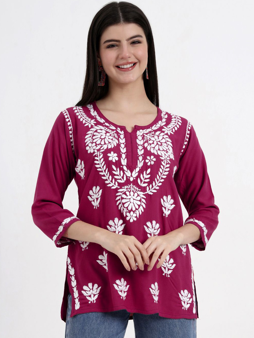 The Chikan Label Rani Pink Chahat Rayon Chikankari Short Kurti