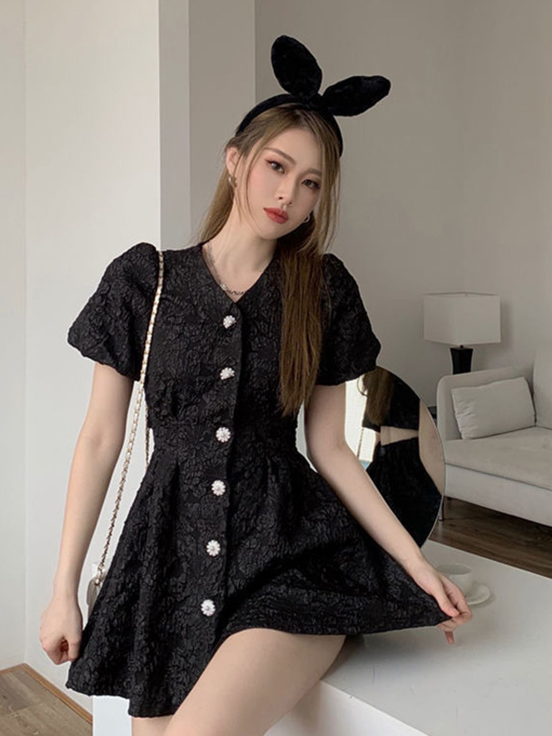 bebe Black Textured Puff Sleeve Floral Button Up Fit & Flare Mini Dress