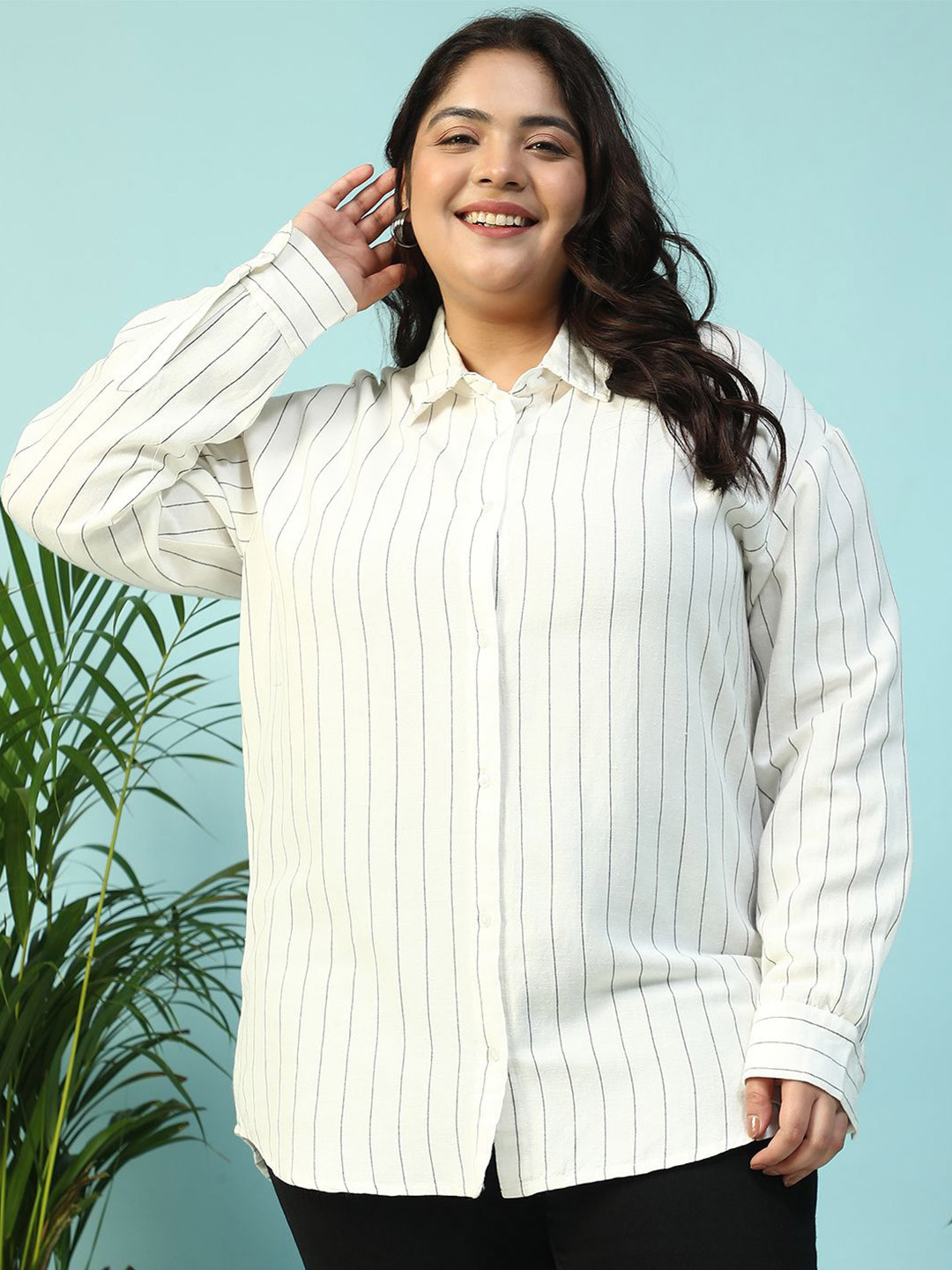 Oxolloxo Plus Size Stripe Print Collared Long Sleeve Button Down Linen Cotton Shirt