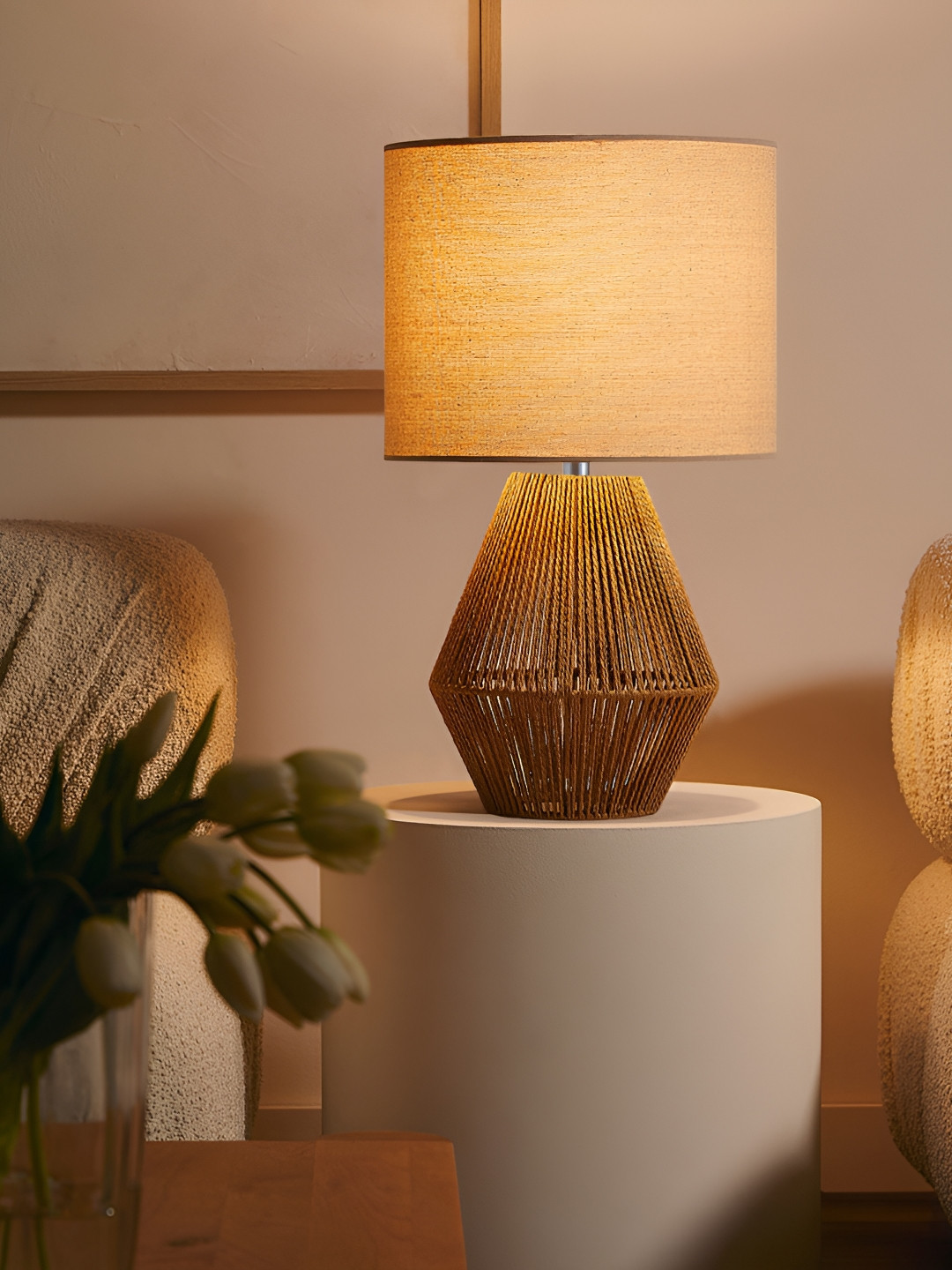 Decorcity Beige Handmade Wicker Table Lamp with Bulb