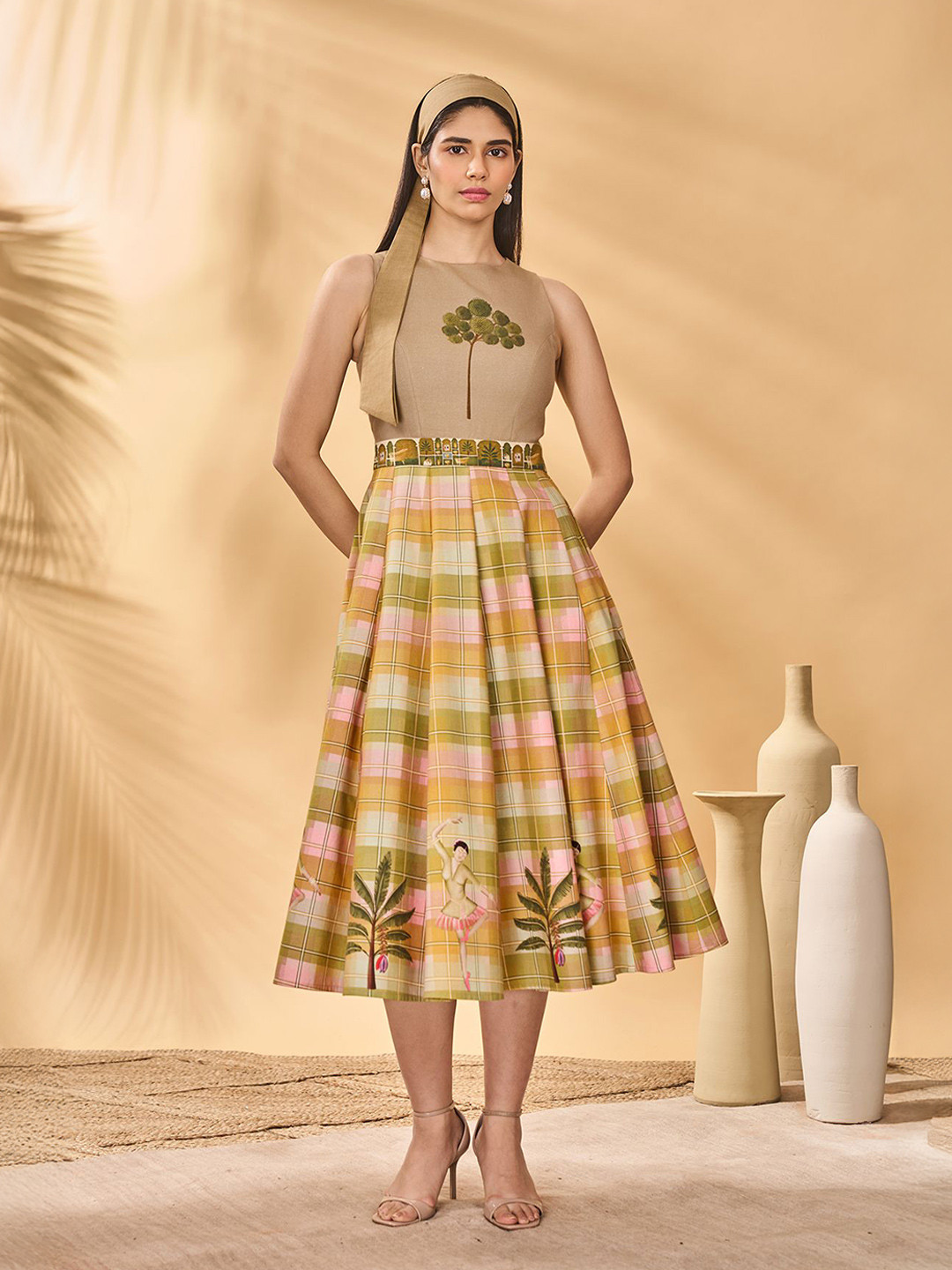 Masaba Women Pina Colada Picnic Checked Flared Sleeve Linen A-Line Midi Dress