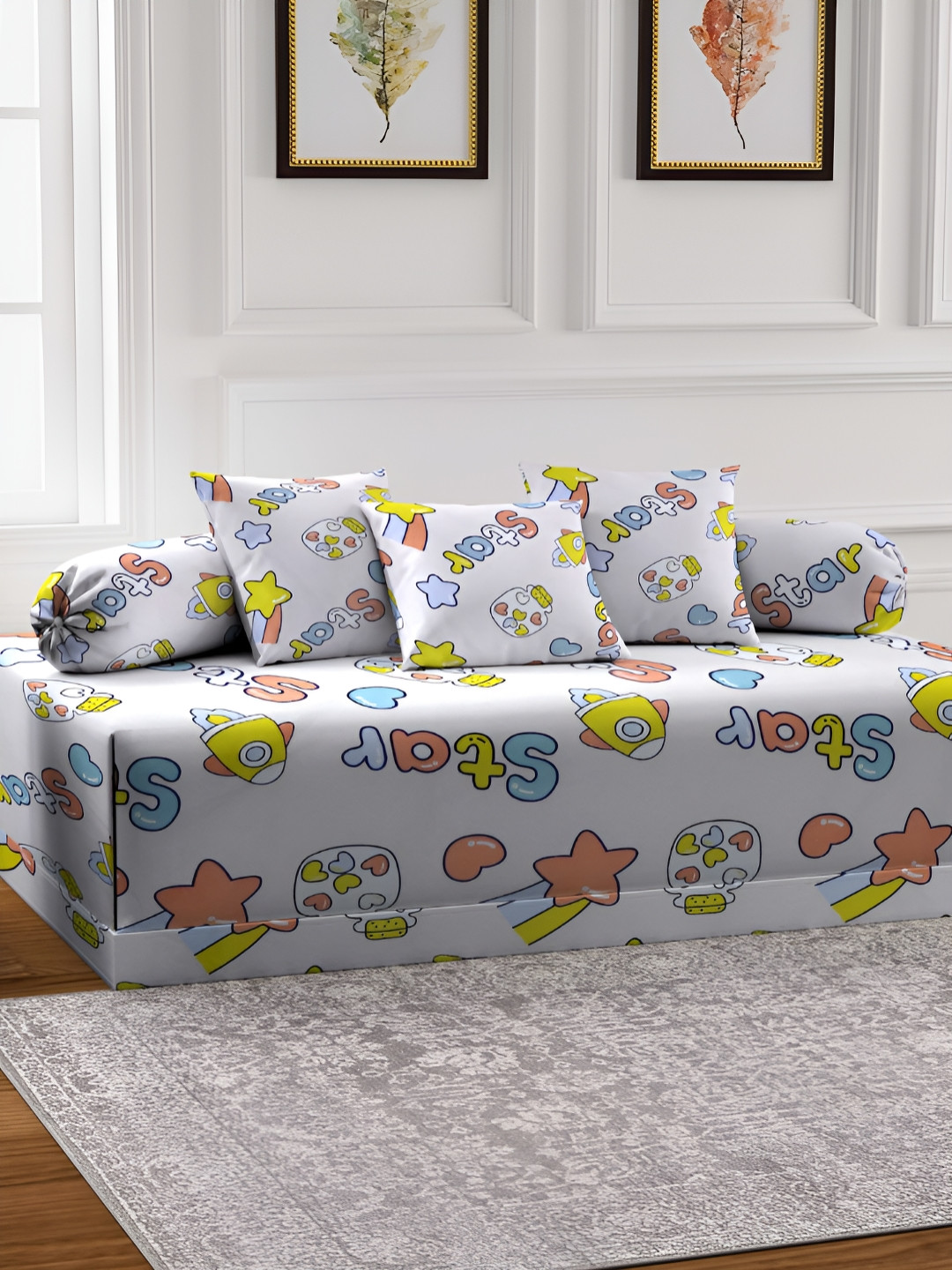 Aura Set of 6 Yellow & Beige Coloured Cartoon Characters Printed Diwan Set