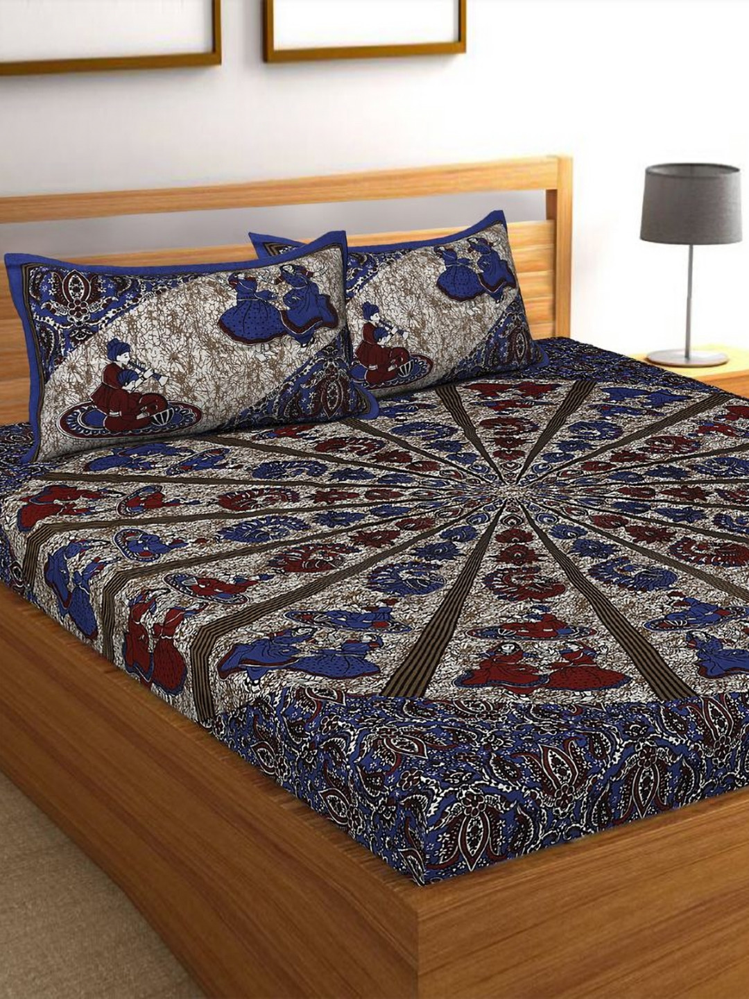 Rudra Bazaar Blue Floral Cotton Breathable 210 TC Queen Fine Bedsheet with 2 Pillow Covers-108 x 91 inches