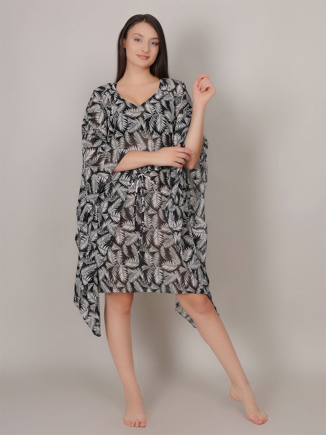 mod & shy Leaf Printed V-Neck Kaftan Swimwear CoverupTop
