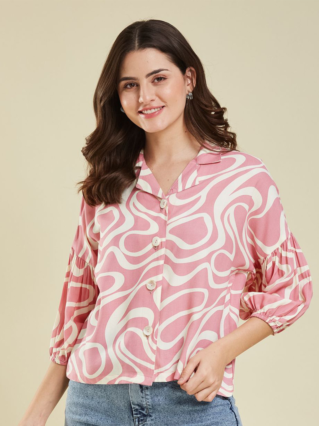 J Turritopsis Relaxed Abstract Printed Cuban Collar Shirt