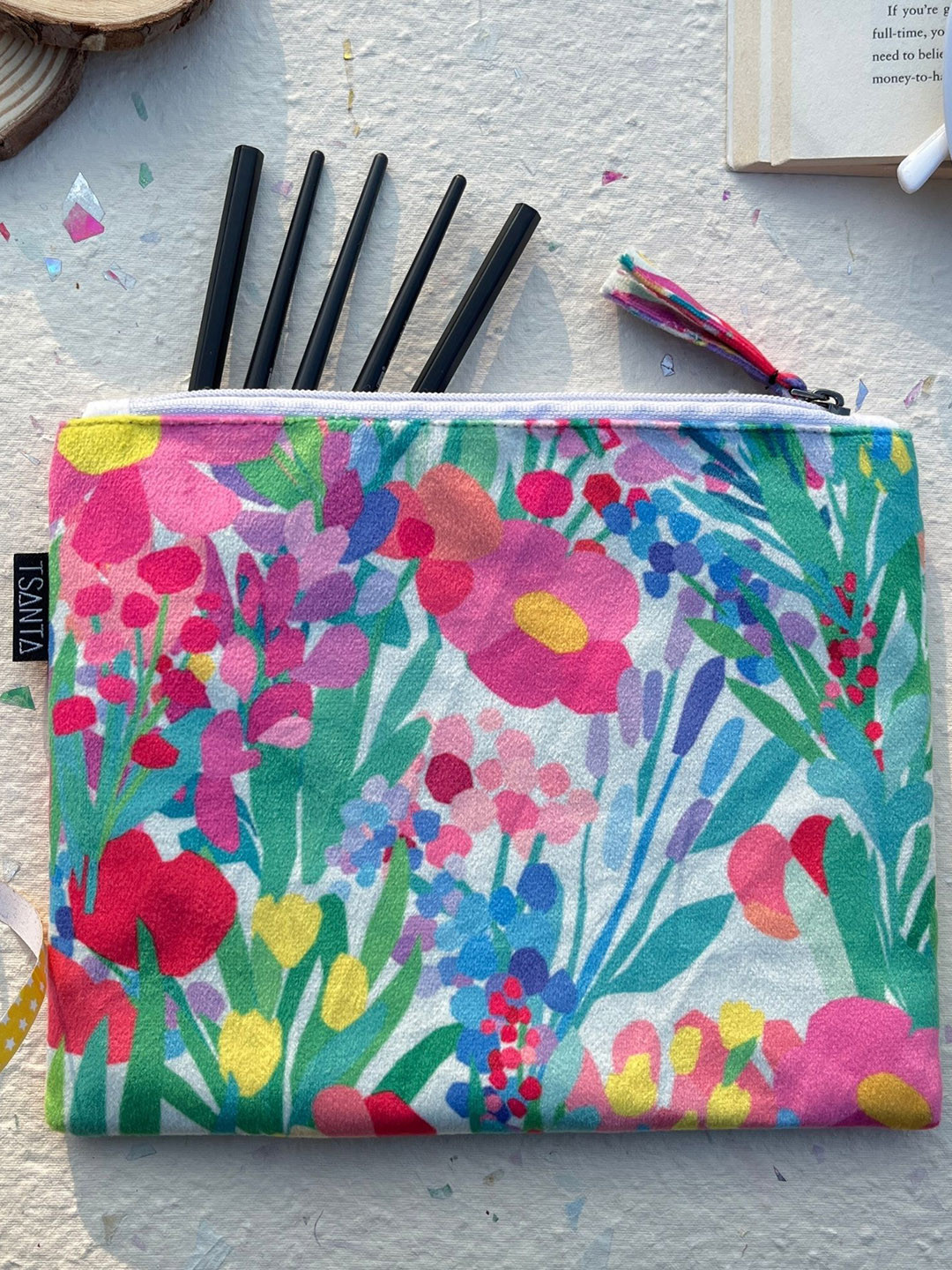 TSANTA Pink & Blue Velvet Flower Printed Pouch