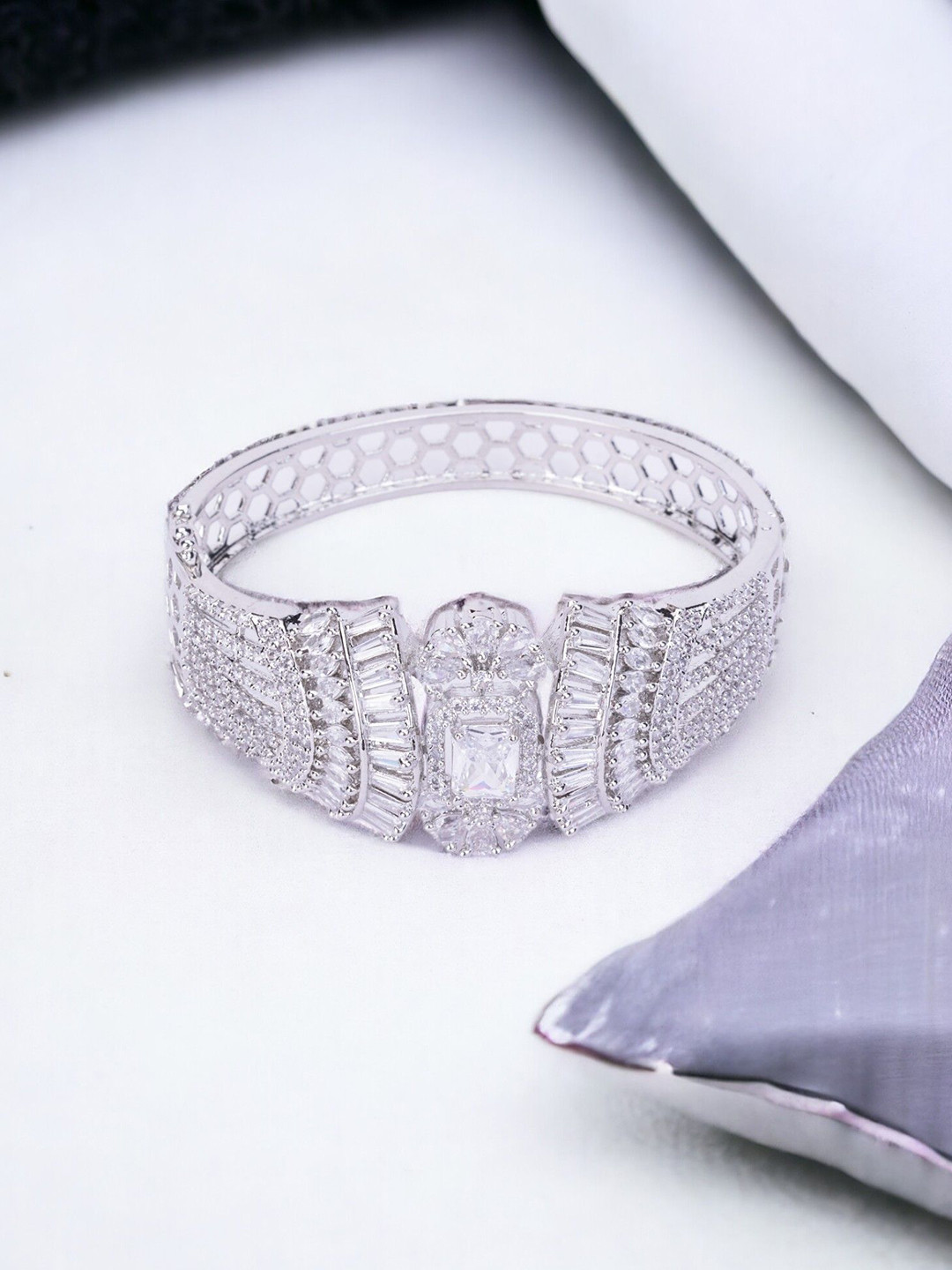 Opal Touch Women Brass Cubic Zirconia Tasselled Rhodium-Plated Kada Bracelet