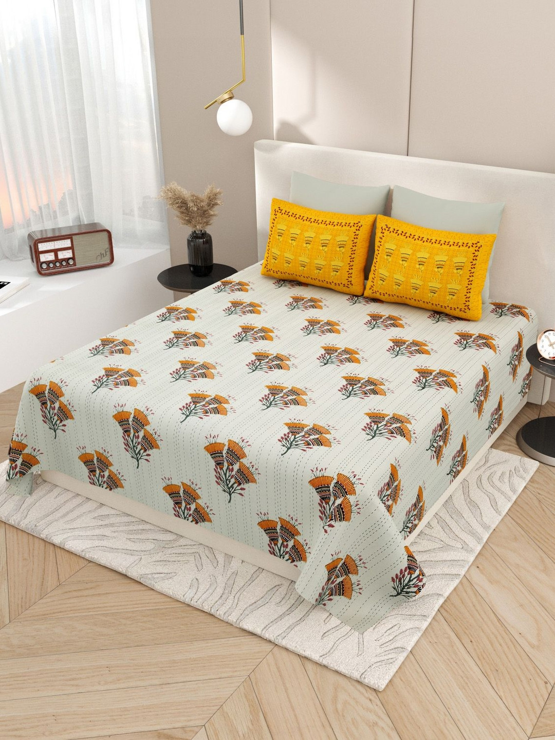 Aura Kashida Yellow Floral Cotton Breathable 180 TC King Bedsheet with 2 Pillow Covers-106 x 106 inches