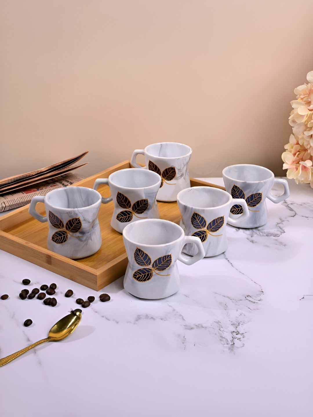 Storepedia Marble Off White Leaf Ceramic Microwave Safe 6 Piece Cup-150ml