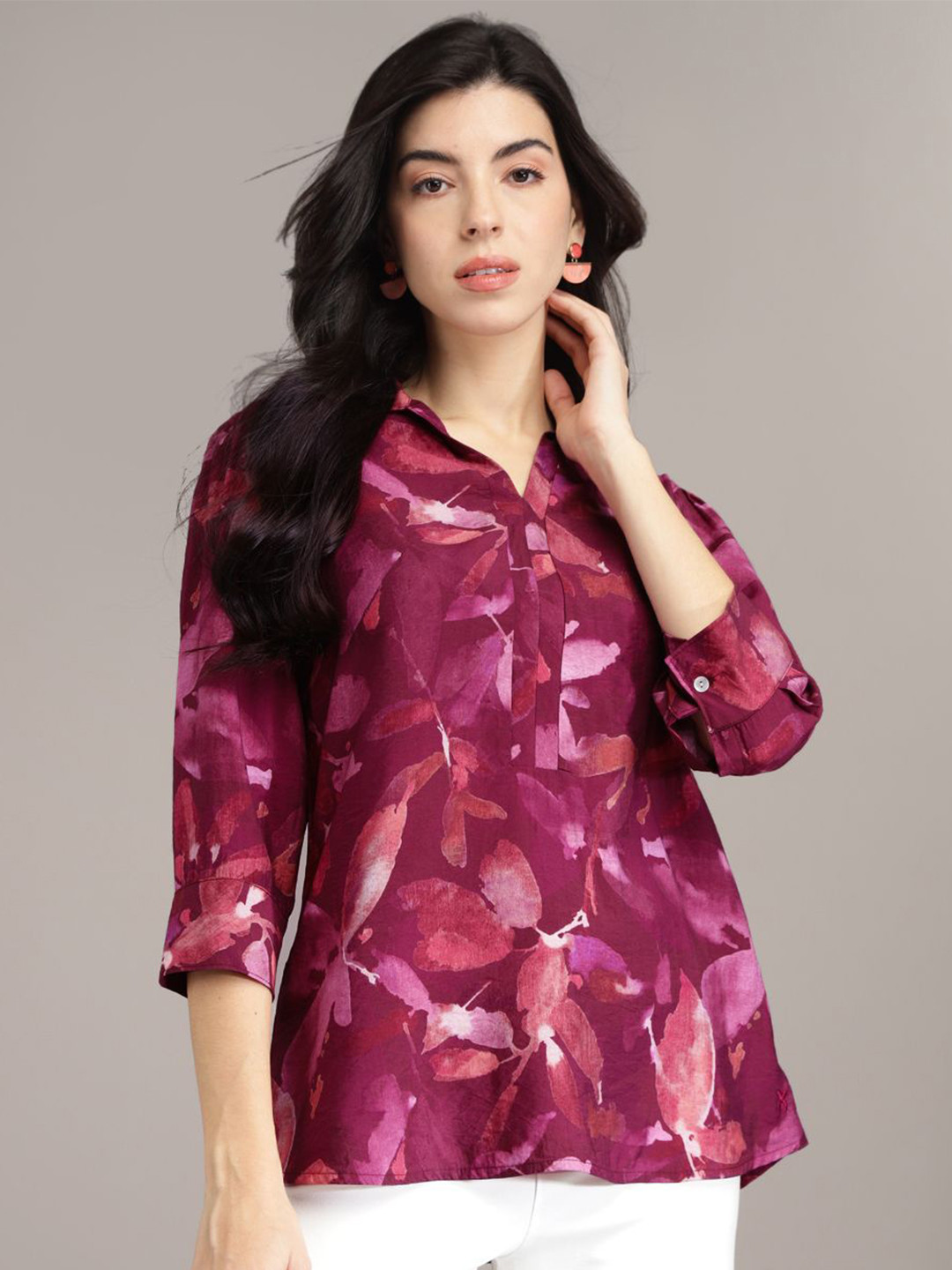 Xpose Women pink Floral Printed Lapel Collar Top