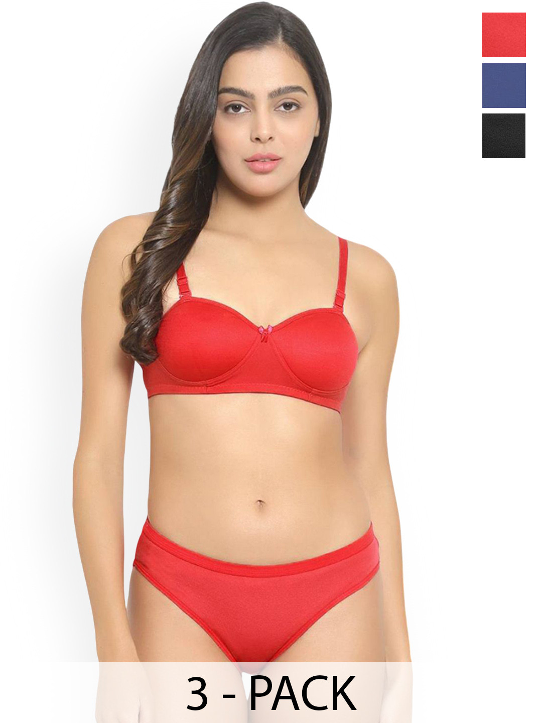 AROUSY Pack Of 3 Cotton Lightly Padded Lingerie Sets JJ_Demi-Set_R,B,Bl