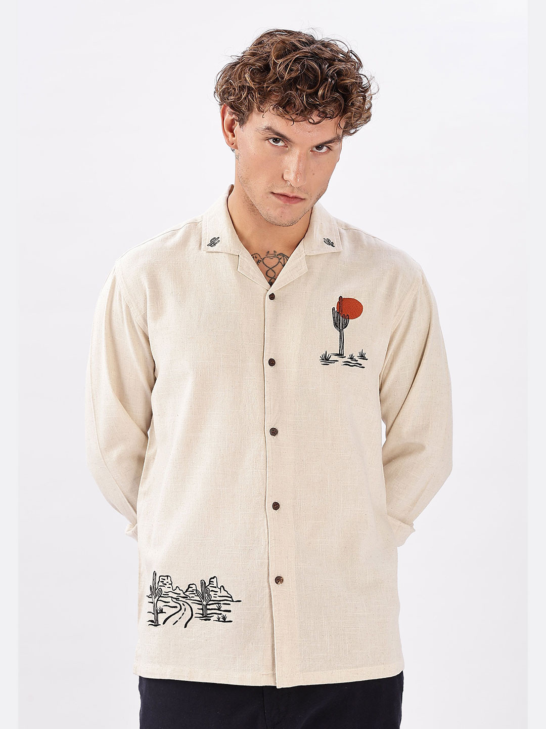 HAMPTONS Abstract Printed Spread Collar Cotton Shirt