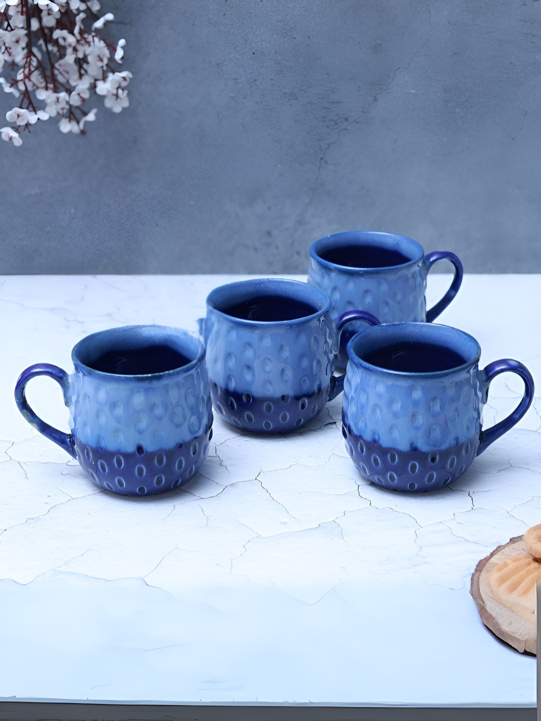 Unravel India Blue Handcrafted and Hand Painted Solid Ceramic Matte Mugs Set of Cups and Mugs