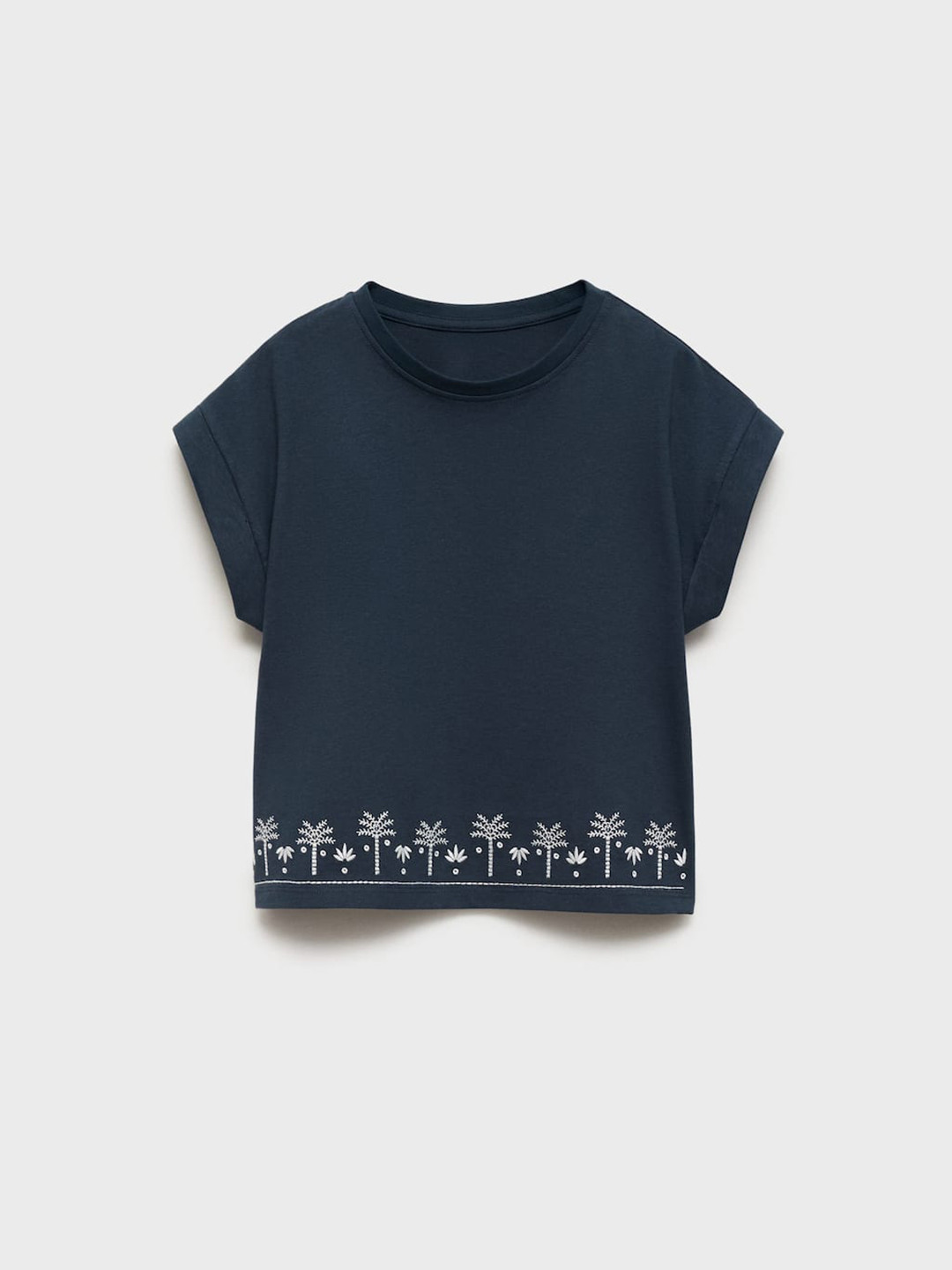 Mango Kids Girls Extended Sleeves Indigo Embroidered Pure Cotton T-shirt