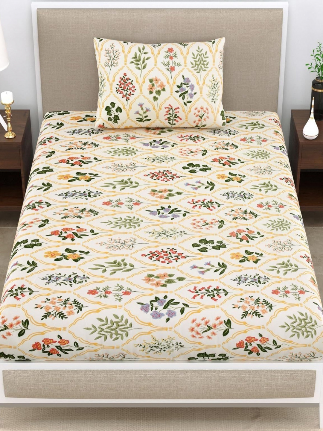 Aura Cream Floral Microfiber 144 TC Fitted Single Fine Bedsheet with 2 Pillow Covers-92 x 199 x 13 cm